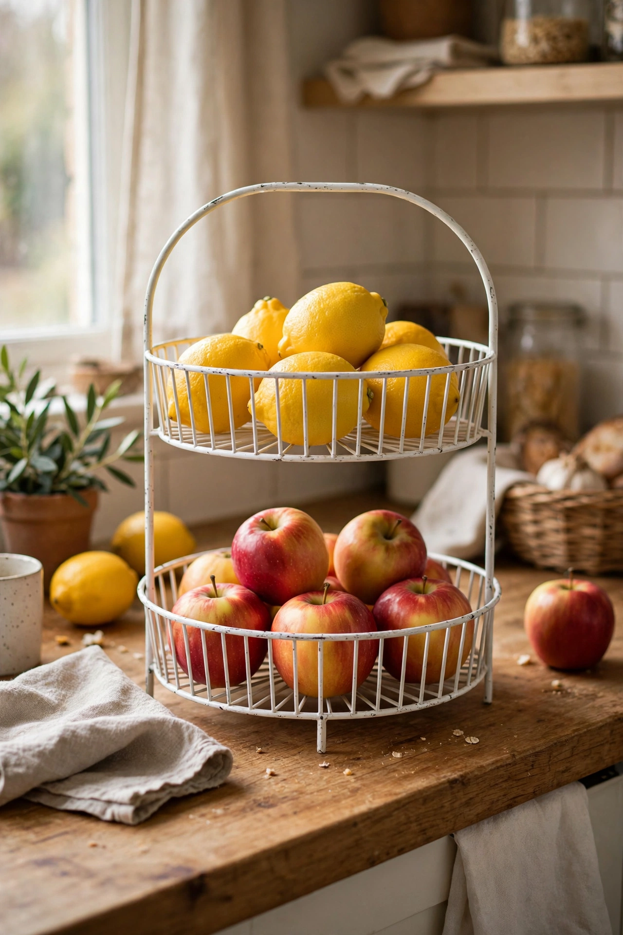 Two-tier white metal stand with lemons and apples as a kitchen centrepiece