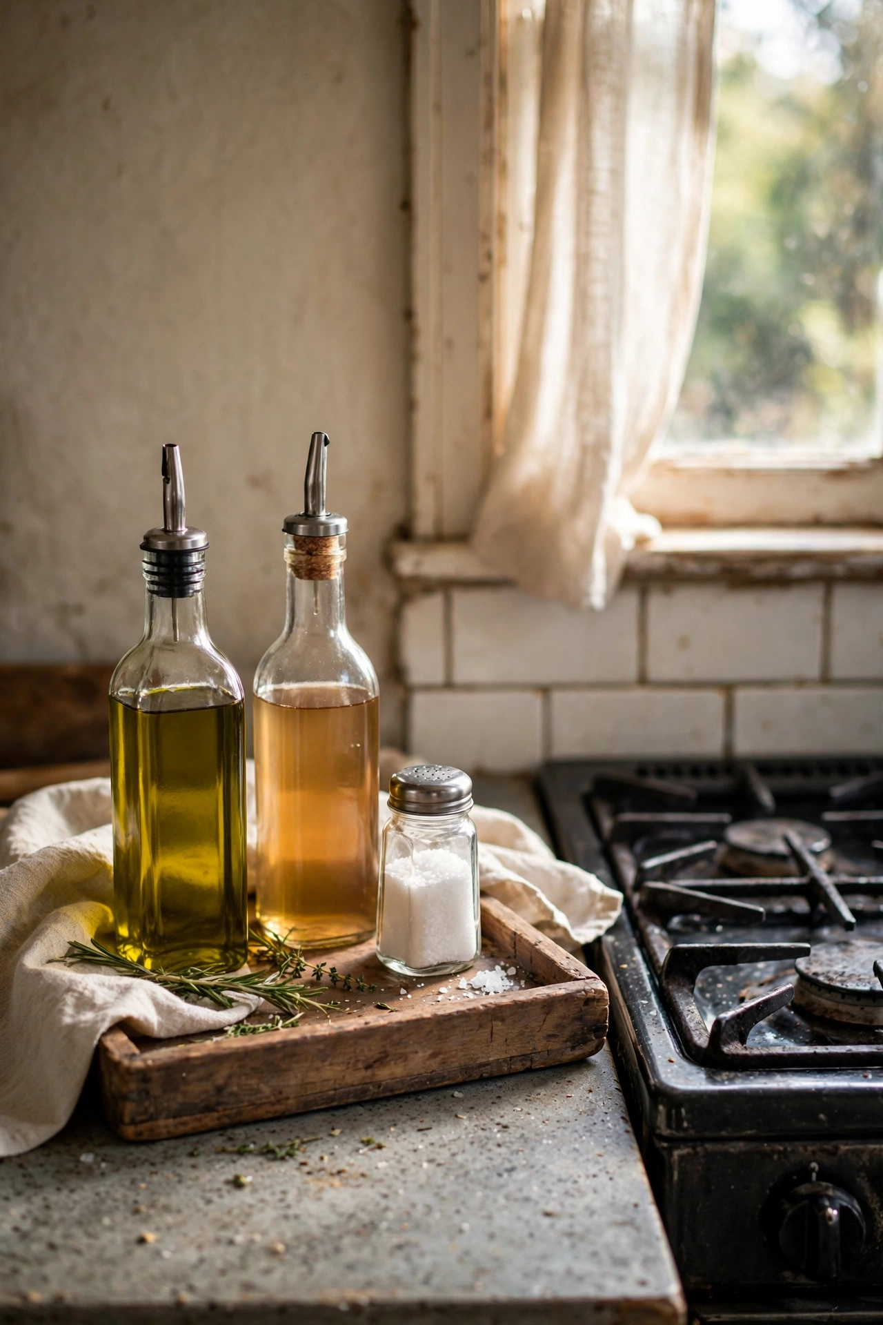 Wooden tray with olive oil vinegar and salt bottles styled by a stove