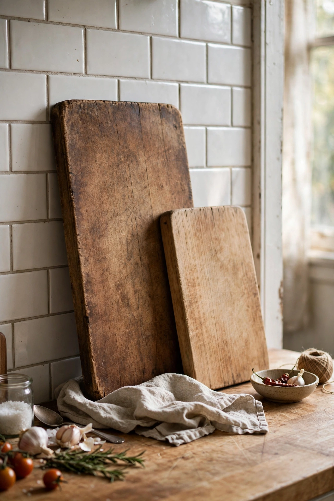 Two wooden cutting boards leaning against a kitchen backsplash