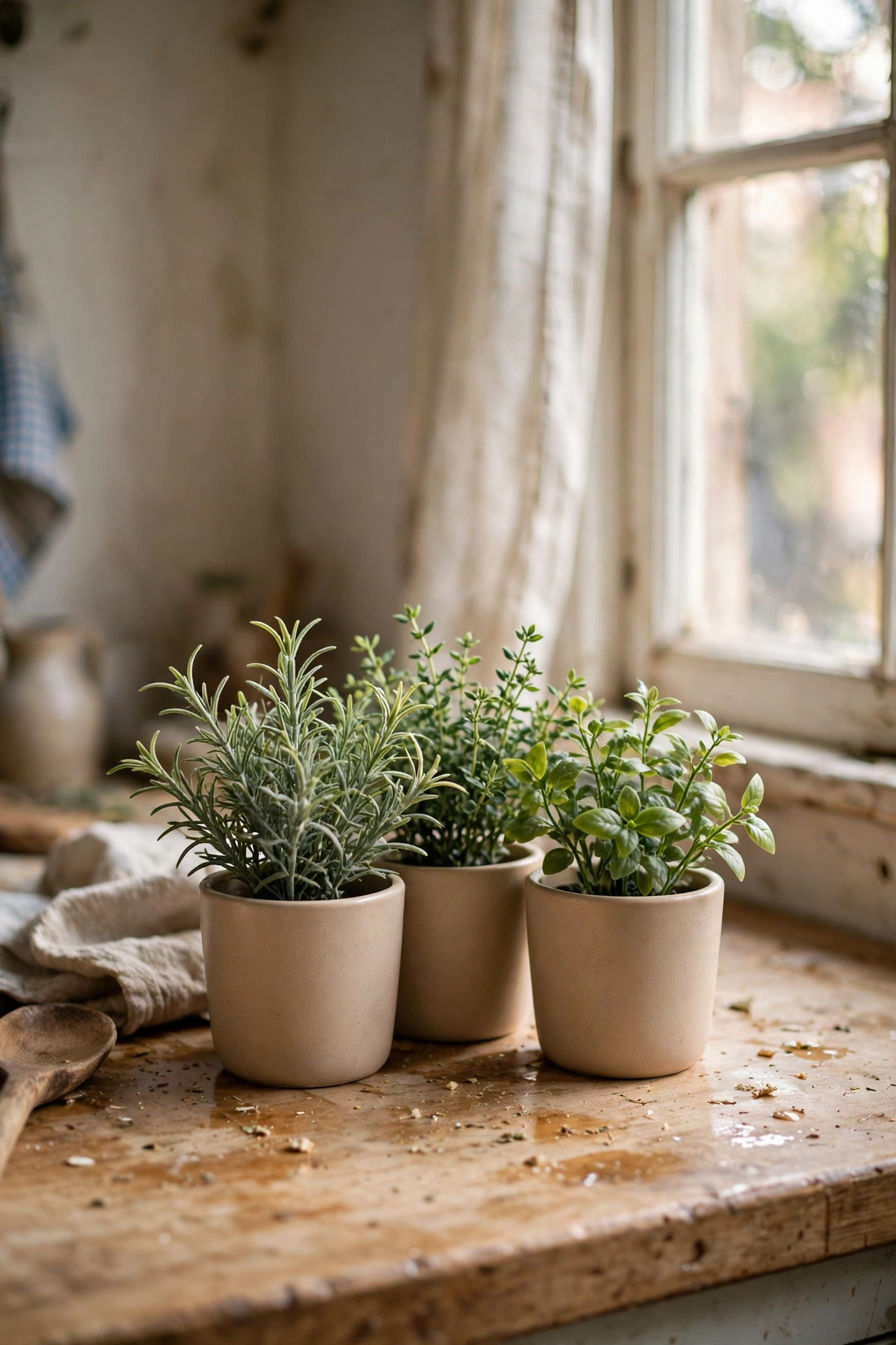 Cluster of three small faux herb pots in matching pots on a kitchen counter