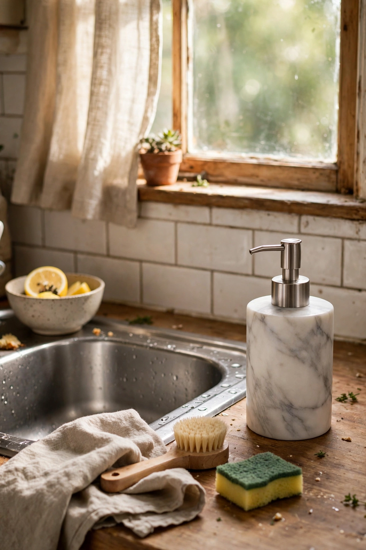 Marble-look soap dispenser pump beside a kitchen sink