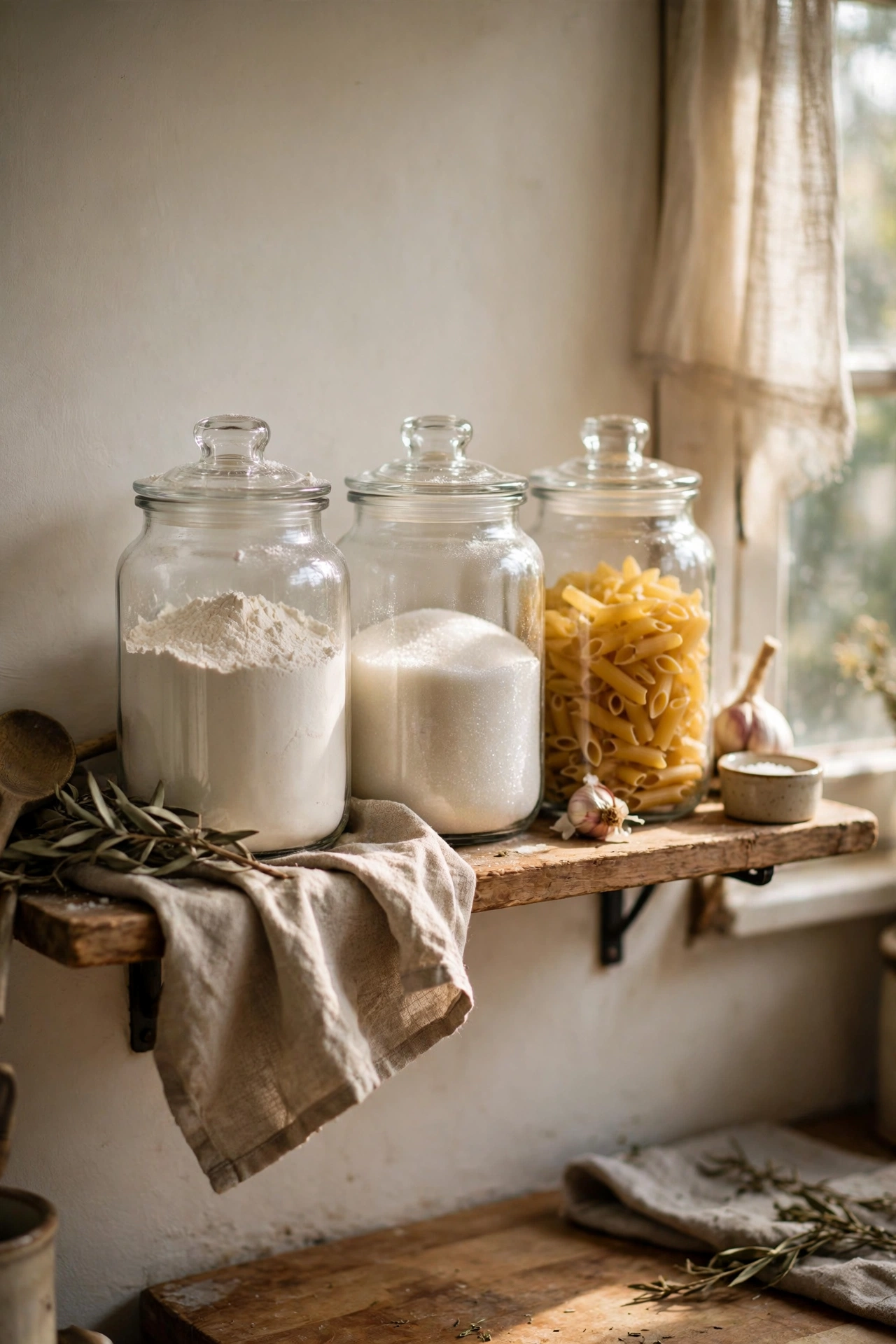 Matching clear jars with flour sugar and pasta on a small open kitchen shelf