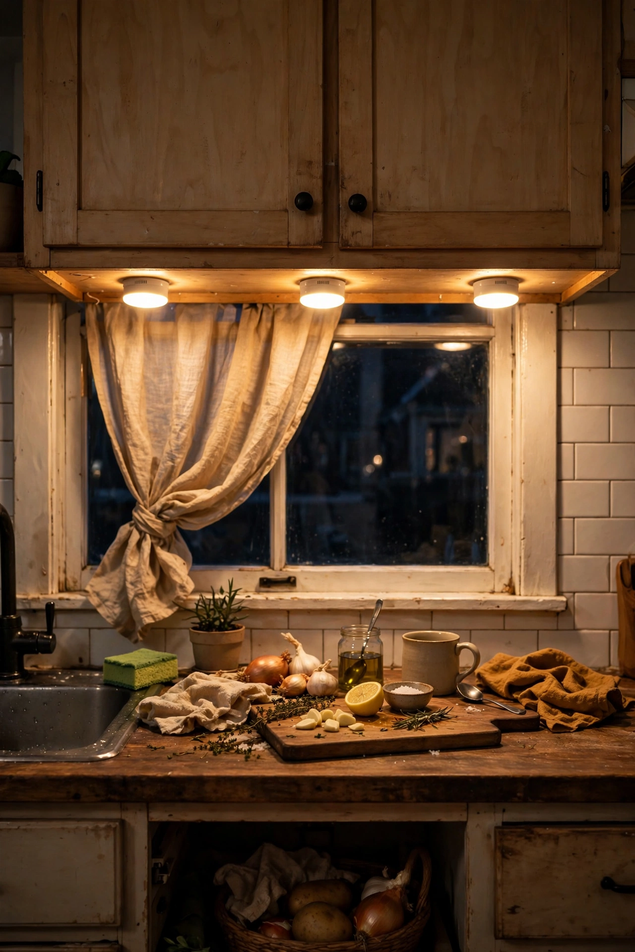 Warm stick-on puck lights glowing under kitchen wall cabinets at night
