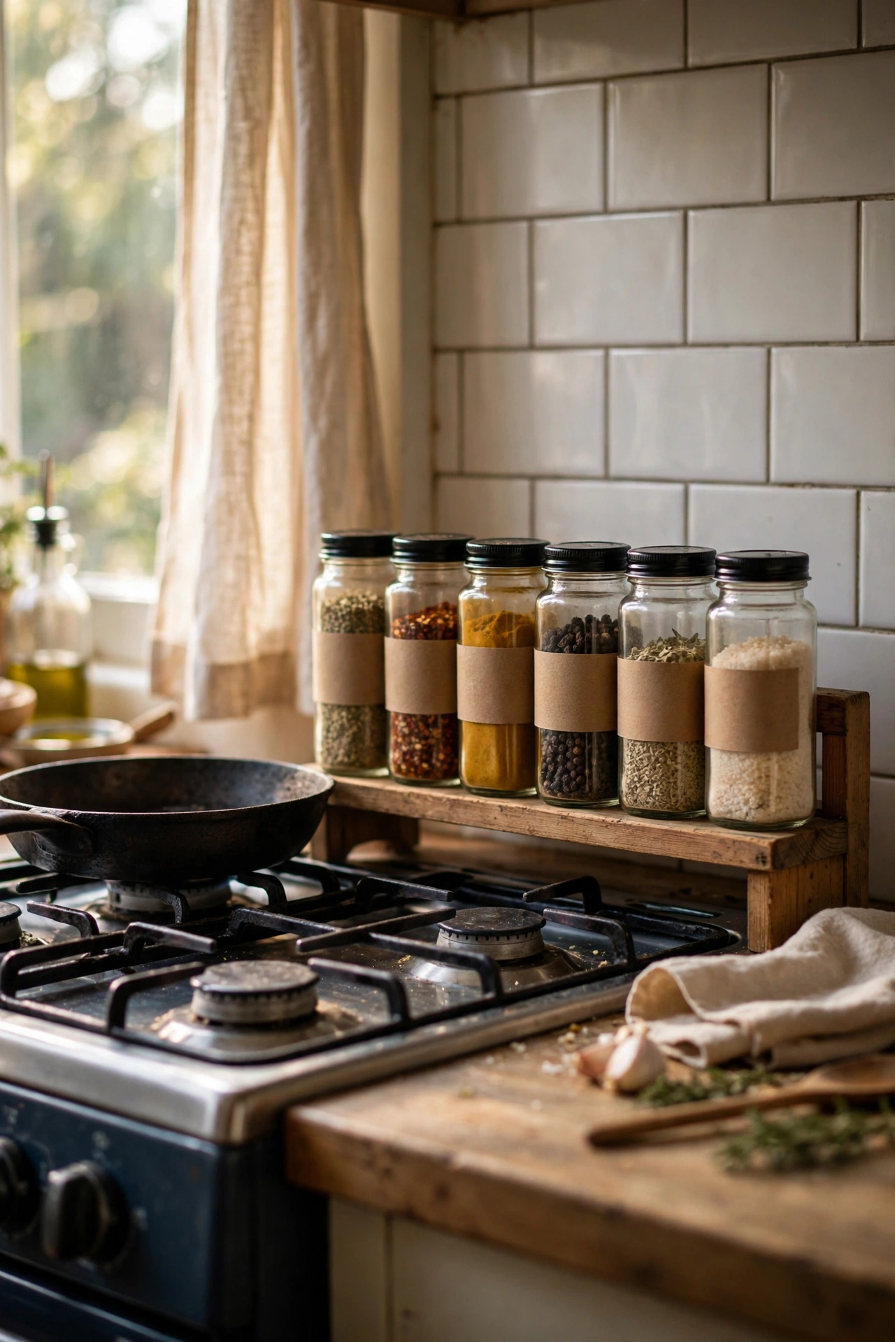 Uniform matching spice jars with labels on a small rack by a stove
