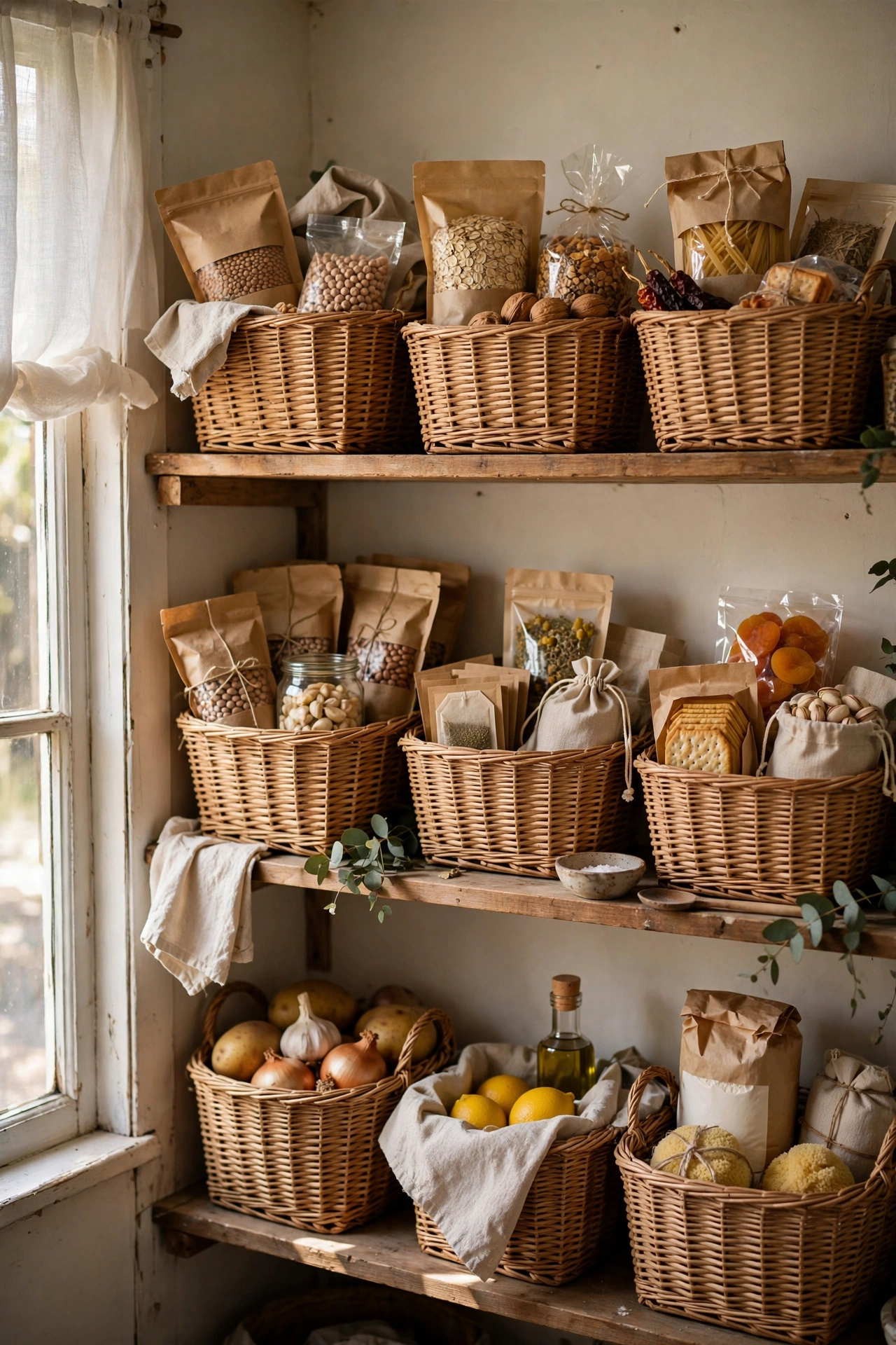Matching woven baskets organising packets on pantry shelves