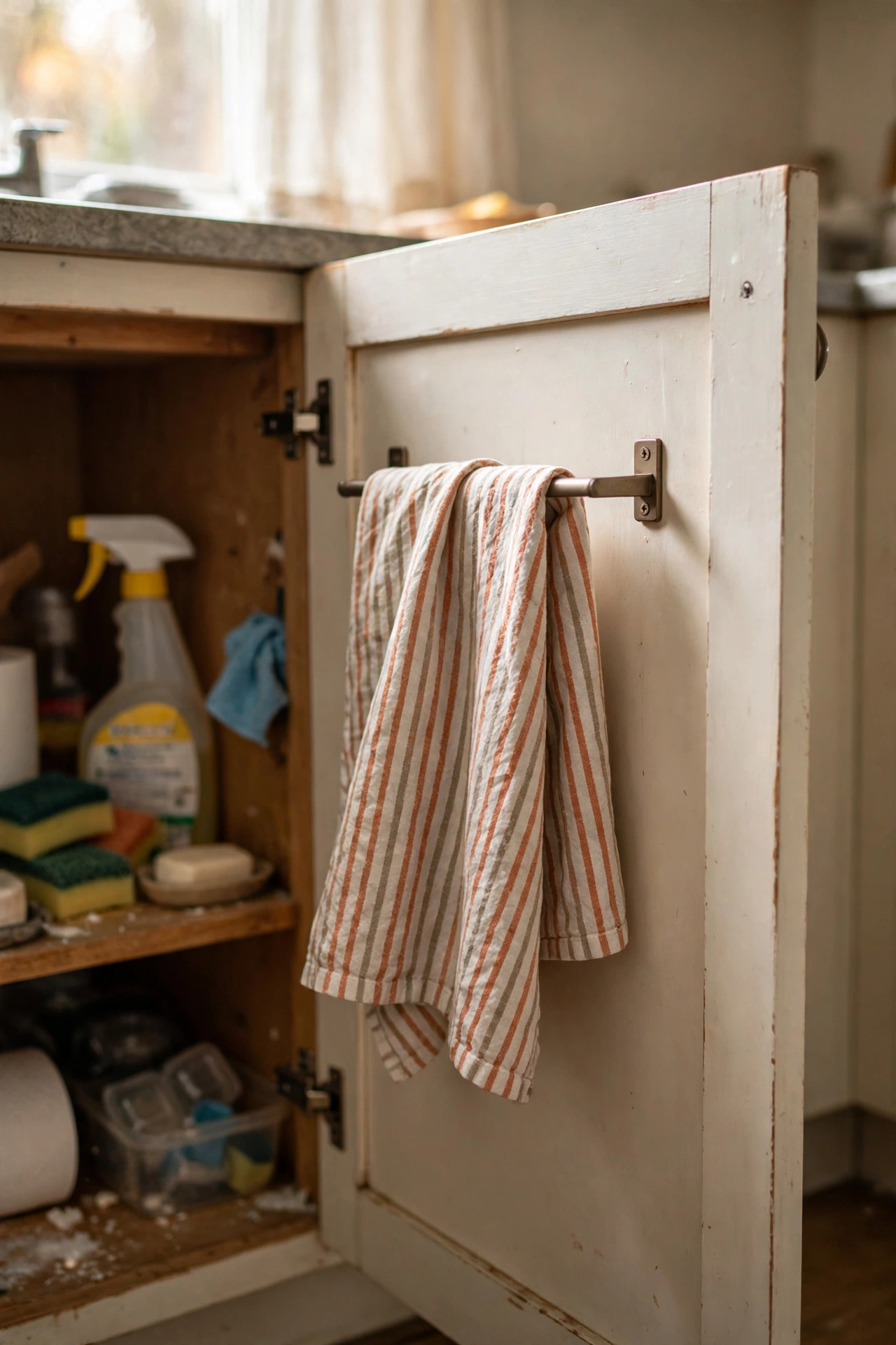 Small towel bar mounted inside a sink cabinet door holding a striped towel