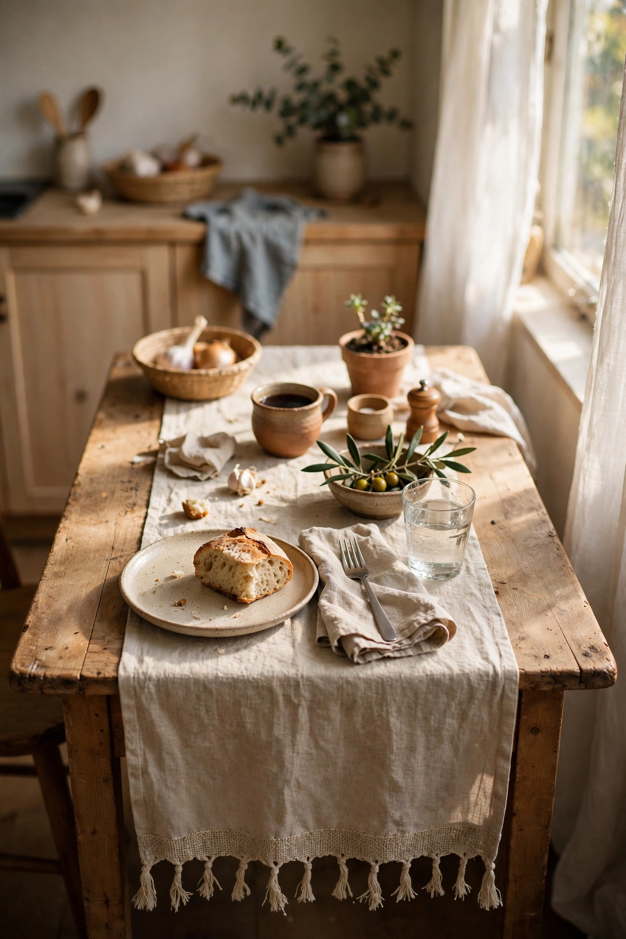 Natural linen-look runner down a small kitchen table