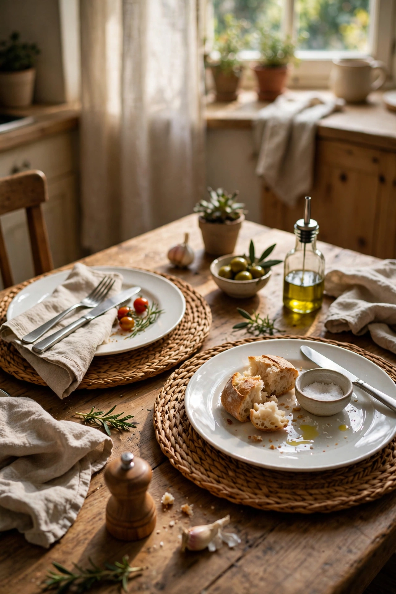 Woven charger plates under dinner plates on a kitchen table
