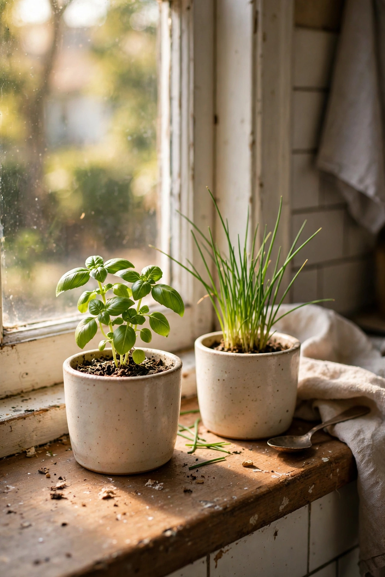 Small basil and chive plants in matching pots on a kitchen window sill