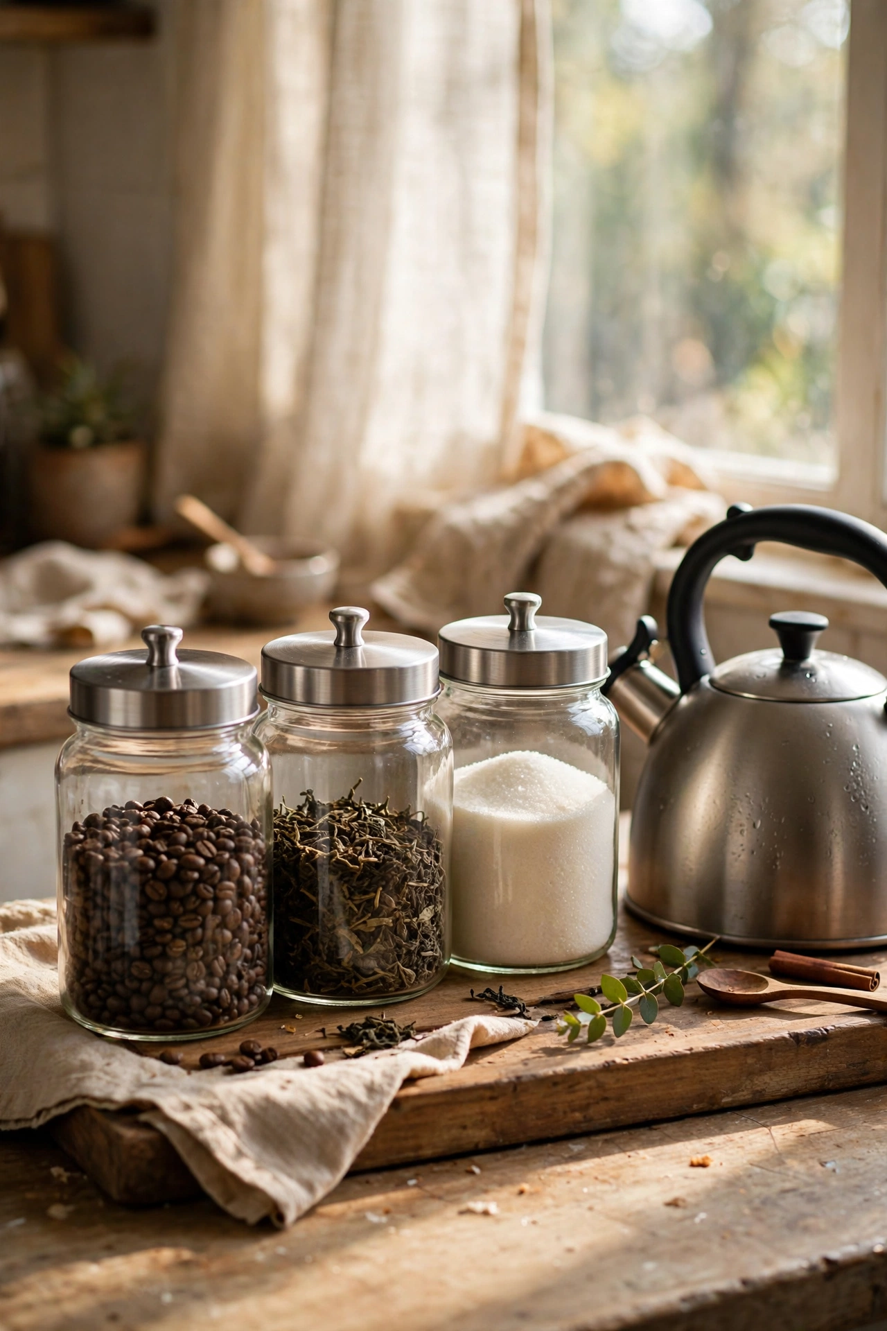 Three matching glass canisters for coffee and sugar on a tray by a kettle