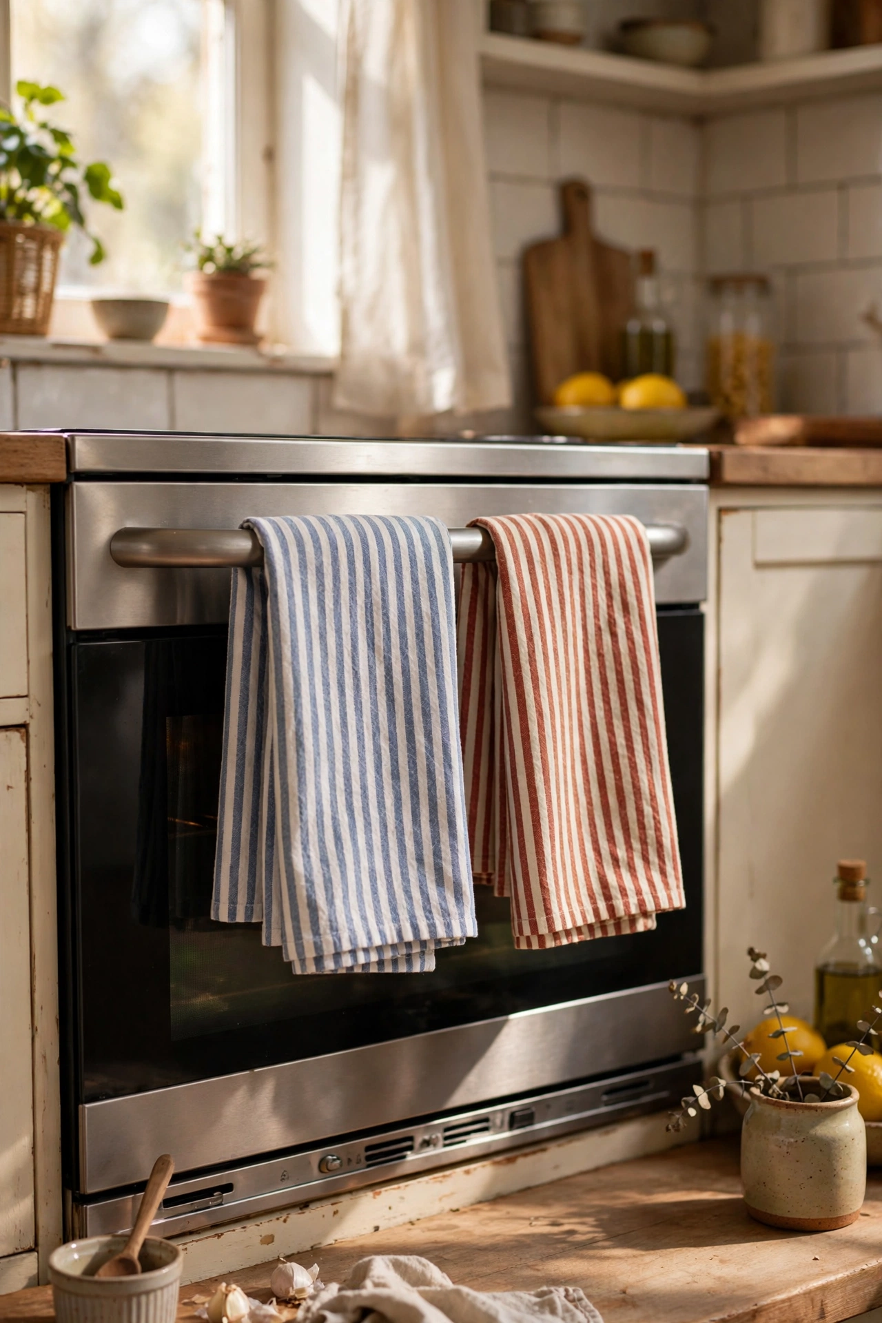 Two striped tea towels folded neatly over an oven handle