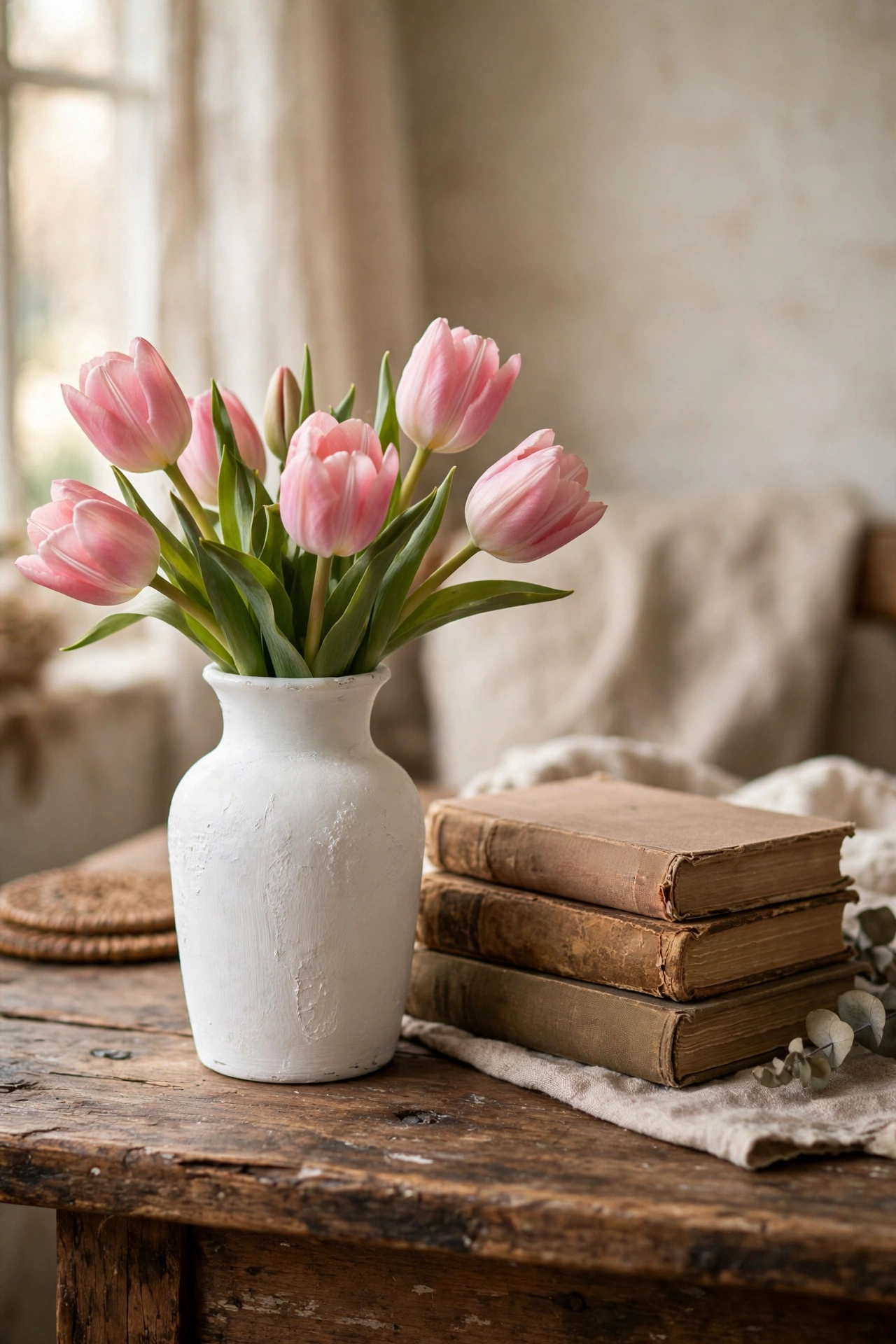 White chalk-painted milk glass vase holding pink tulips on a wooden table