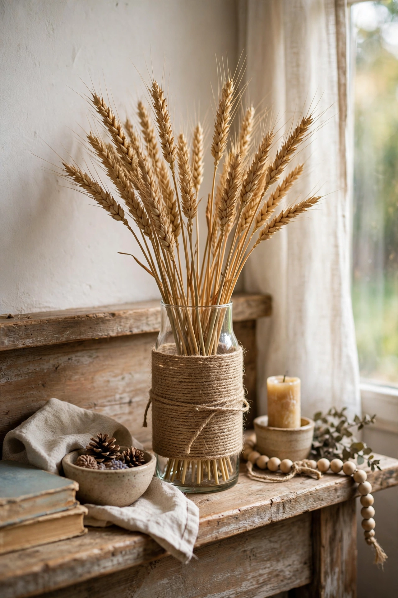 Glass cylinder vase wrapped in natural jute twine holding dried wheat stems