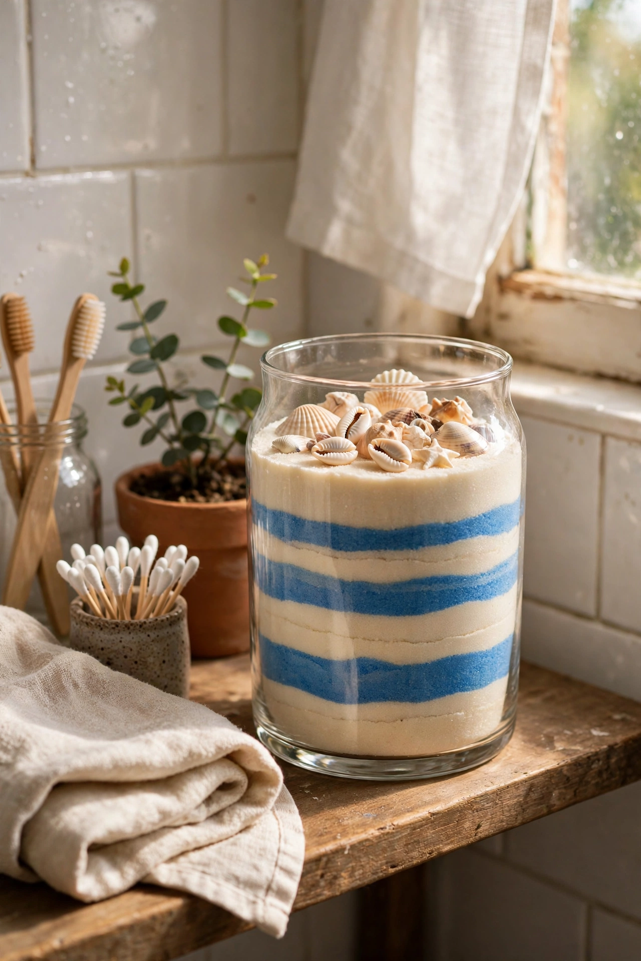 Clear glass vase with layered colored sand and seashells on a bathroom shelf