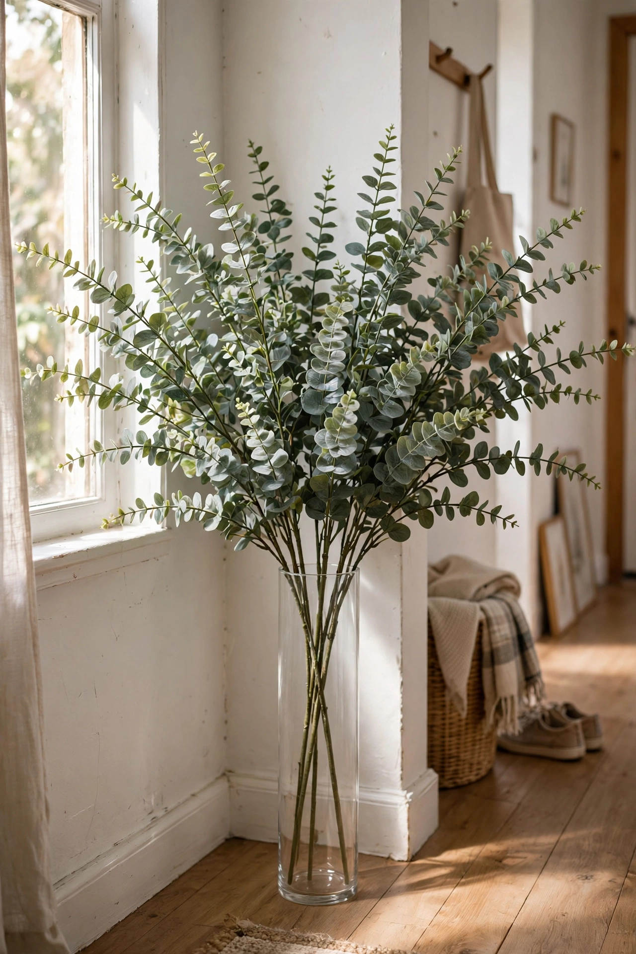 Tall plain glass floor vase filled with lush faux eucalyptus branches