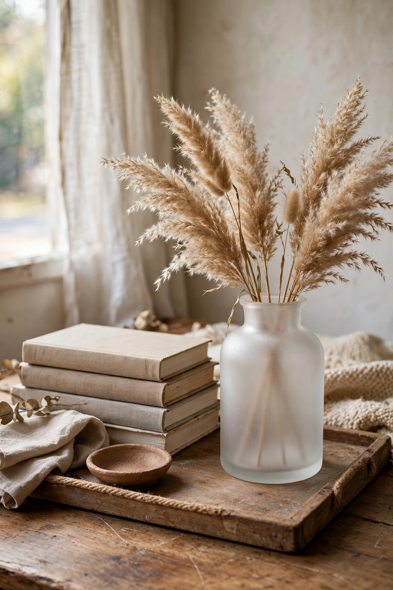 Frosted glass vase with dried pampas grass on a tray with books
