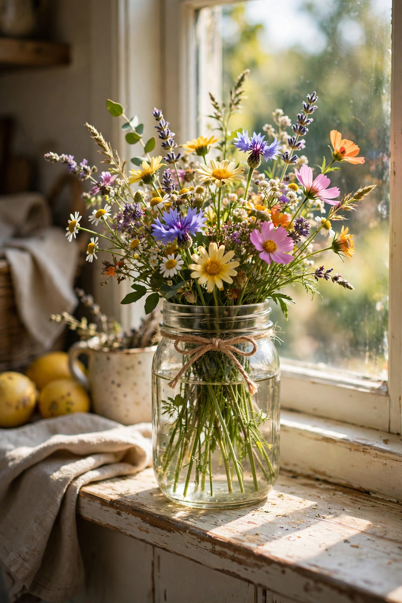 Mason jar vase with twine bow holding wildflowers on a kitchen windowsill