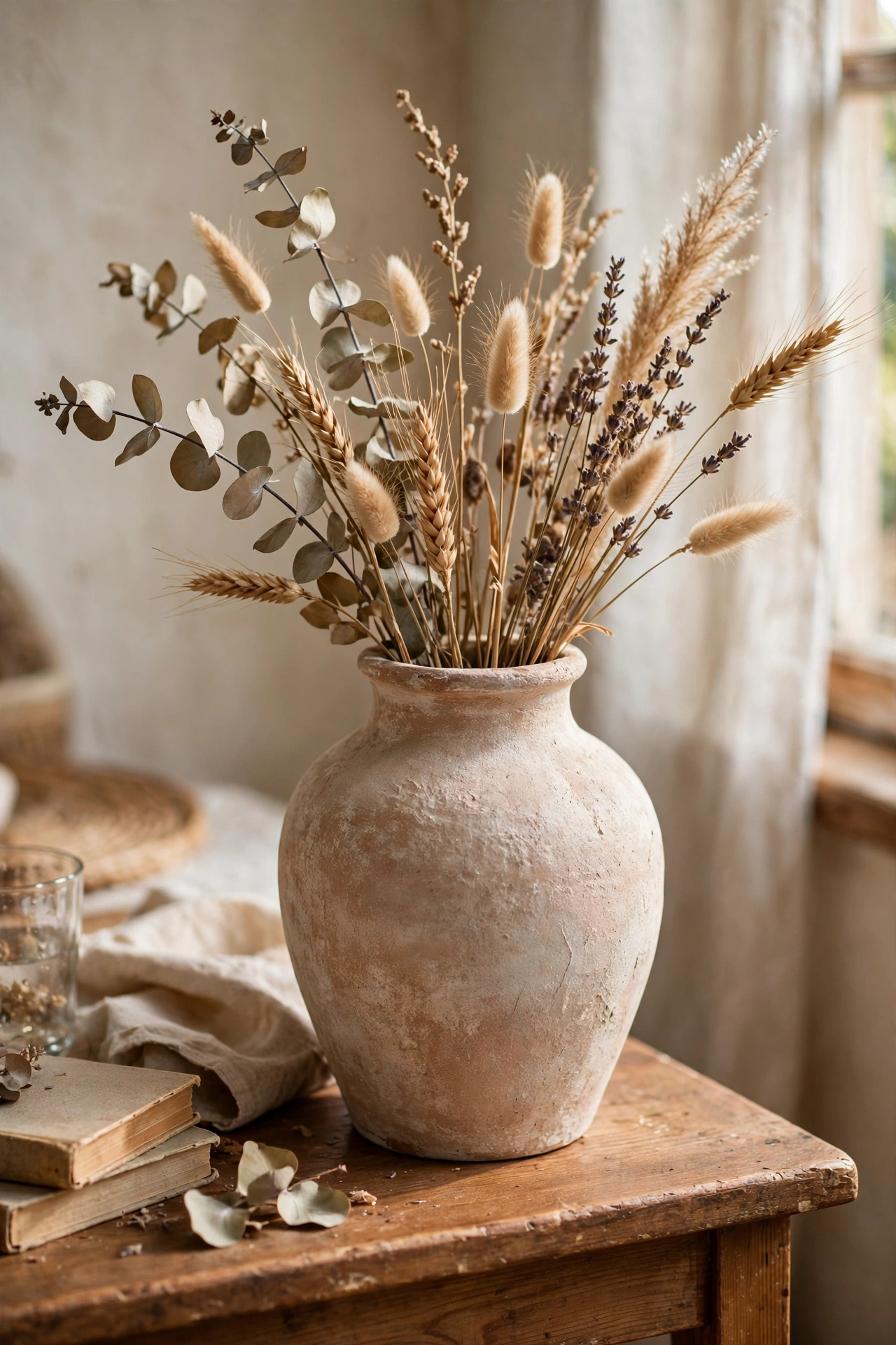 Textured faux terracotta vase with dried stems on a side table
