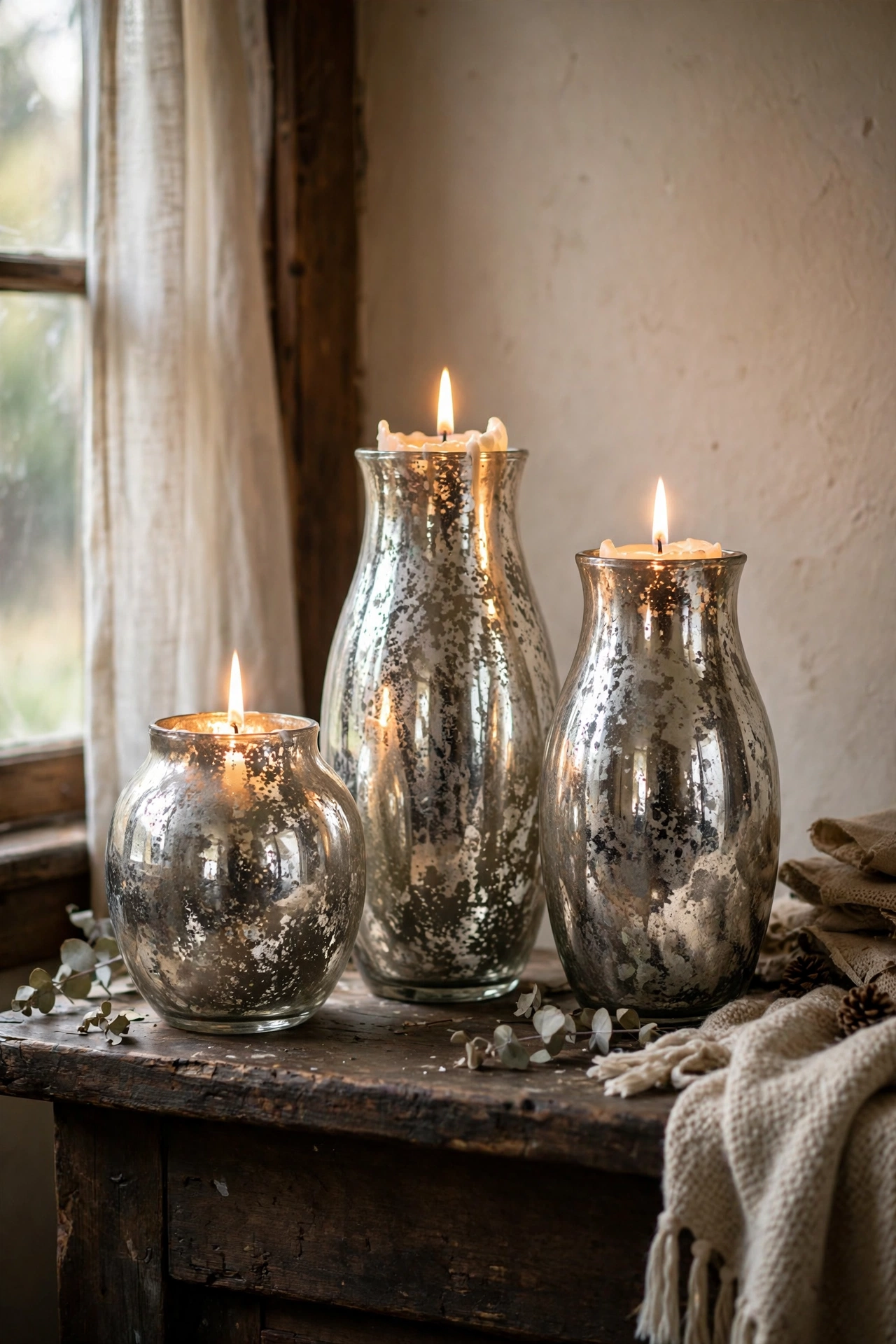 Mottled mercury glass effect vases glowing beside candles on a mantel
