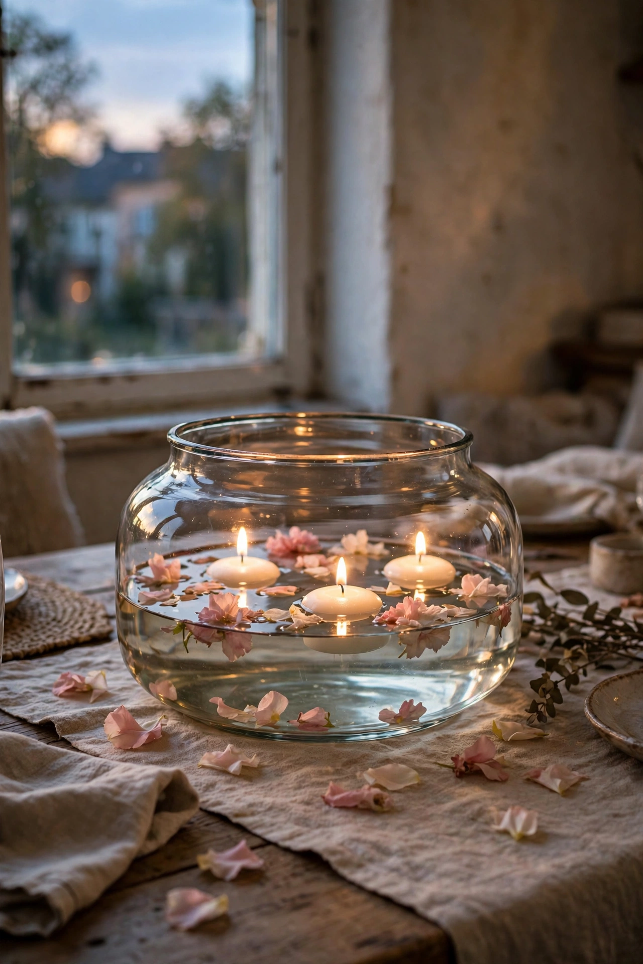 Wide glass vase with water, floating candles and flower petals as a centerpiece