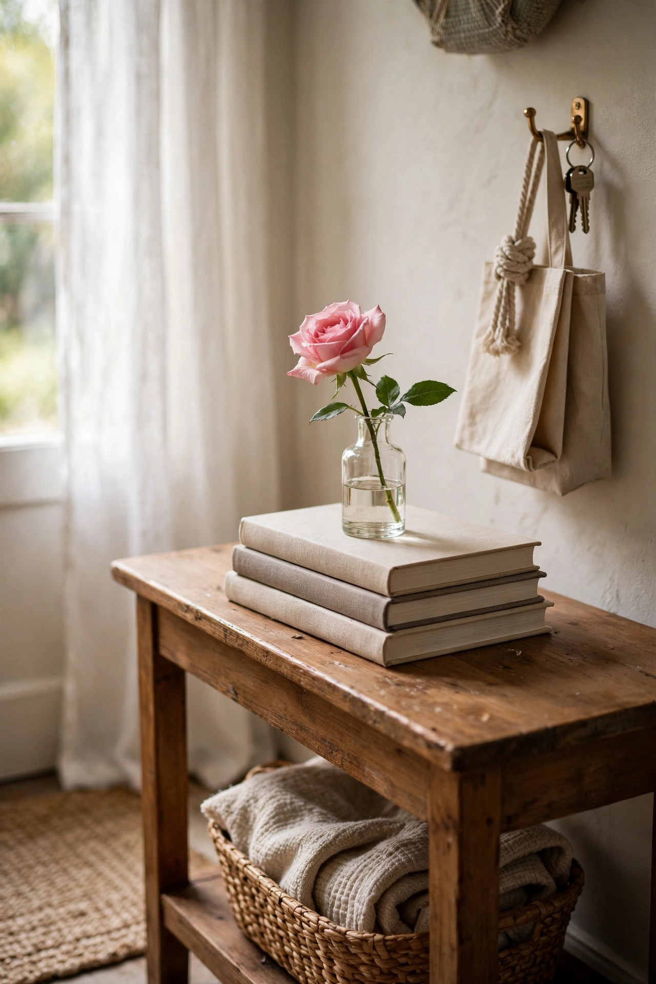 Small bud vase with a single rose styled on stacked hardcover books