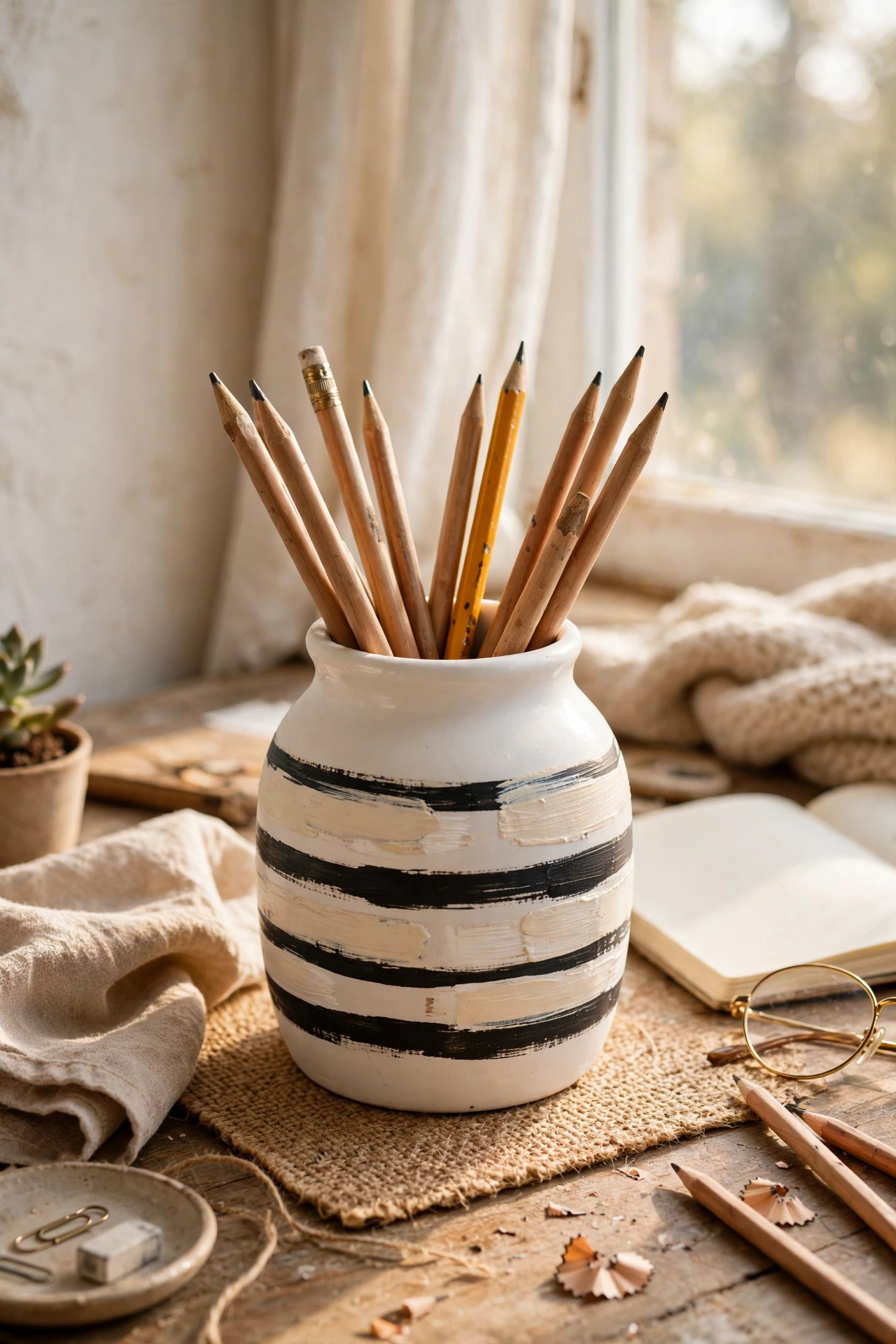White vase with hand-painted cream and black stripes holding pens on a desk