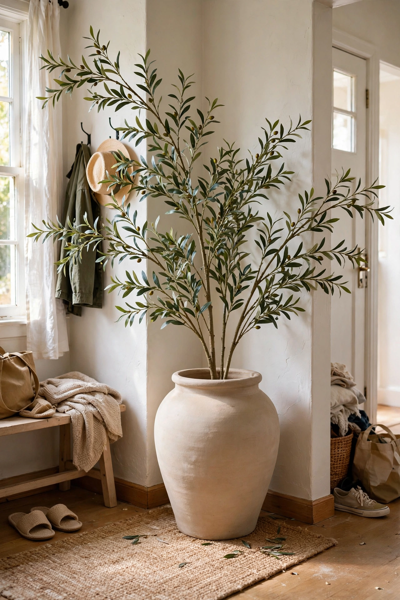 Oversized floor vase with tall faux olive branches in an entryway corner