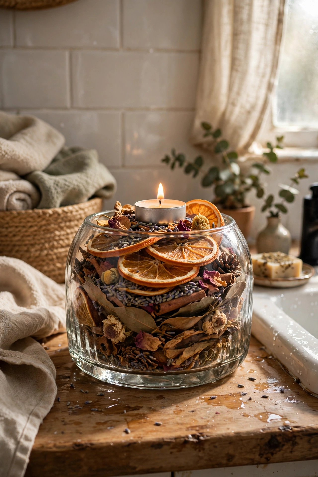 Glass vase layered with potpourri and a lit tea light in a bathroom