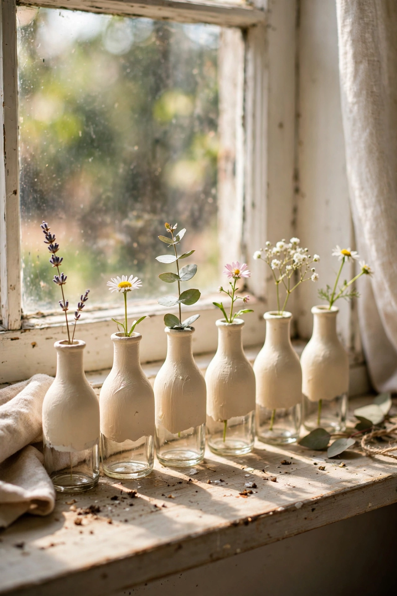 Row of two-tone dipped bud vases with single stems on a windowsill