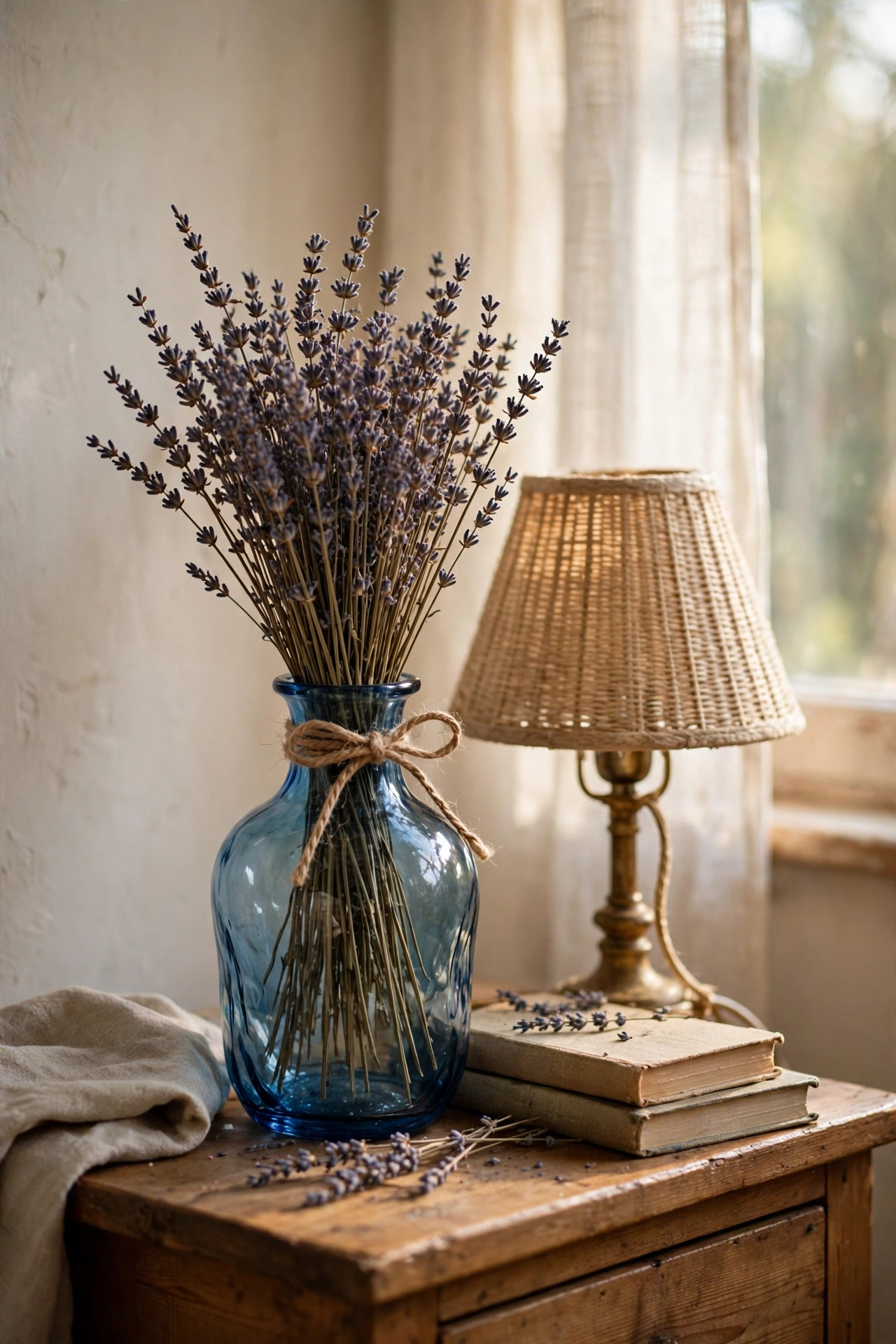 Blue tinted glass vase with dried lavender bouquet on a nightstand