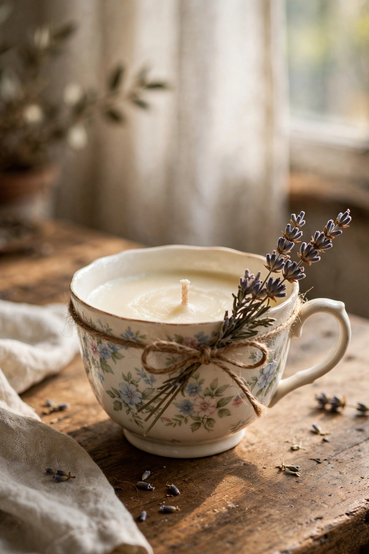 Teacup filled with poured soy wax candle tied with dried lavender