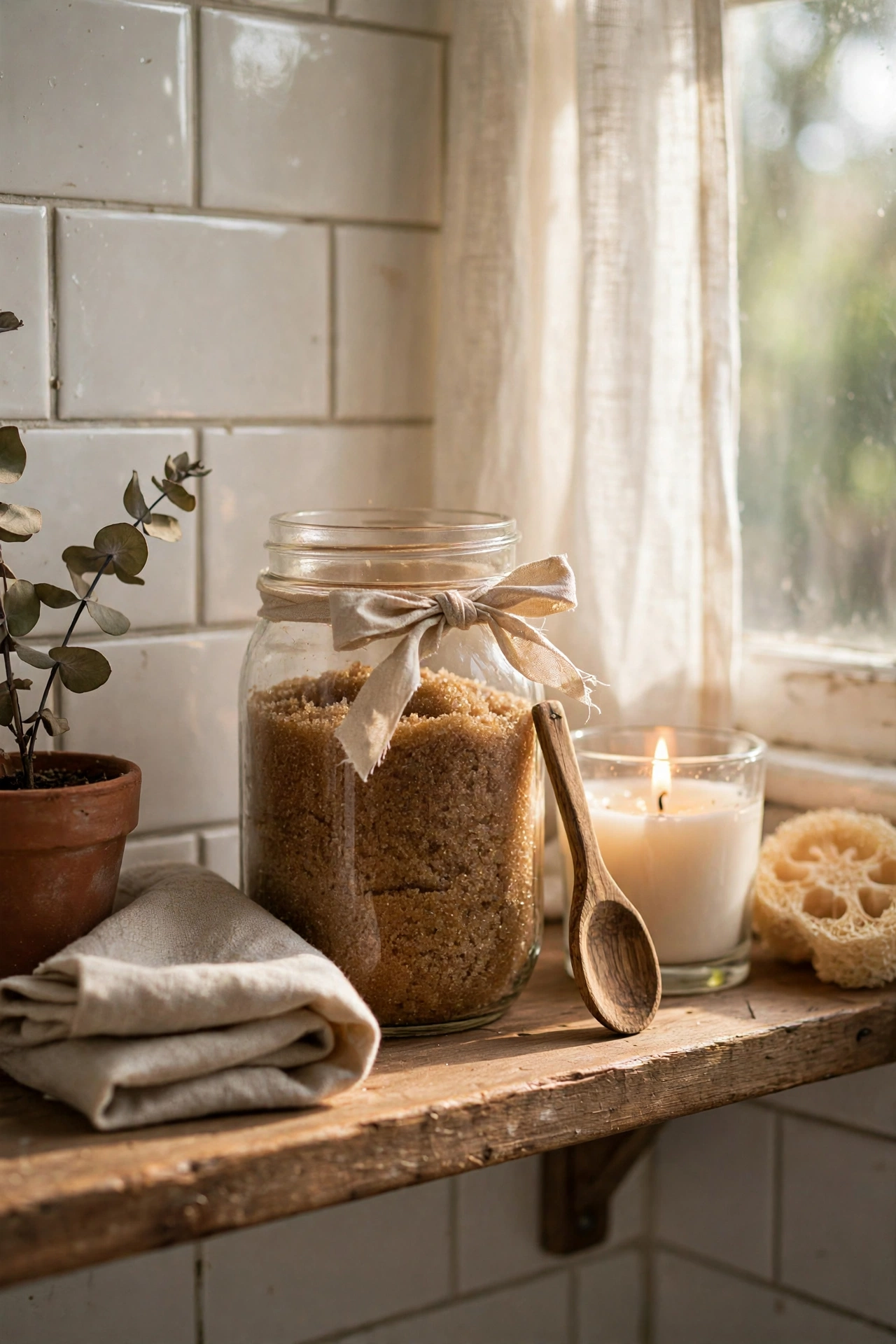 Mason jar of brown sugar body scrub with wooden spoon and ribbon