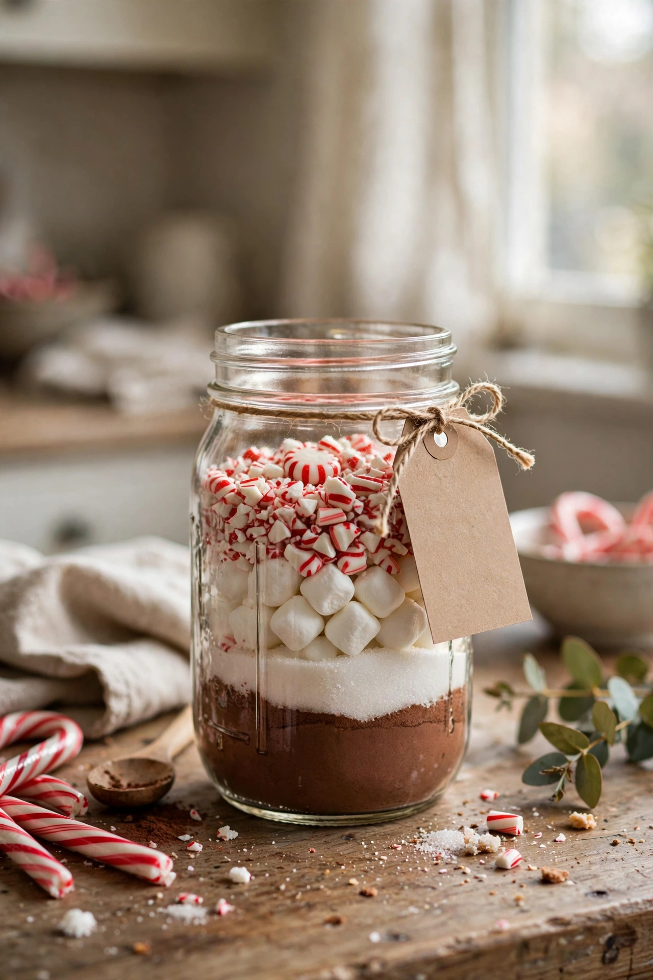 Mason jar layered with hot cocoa mix, marshmallows and candy canes