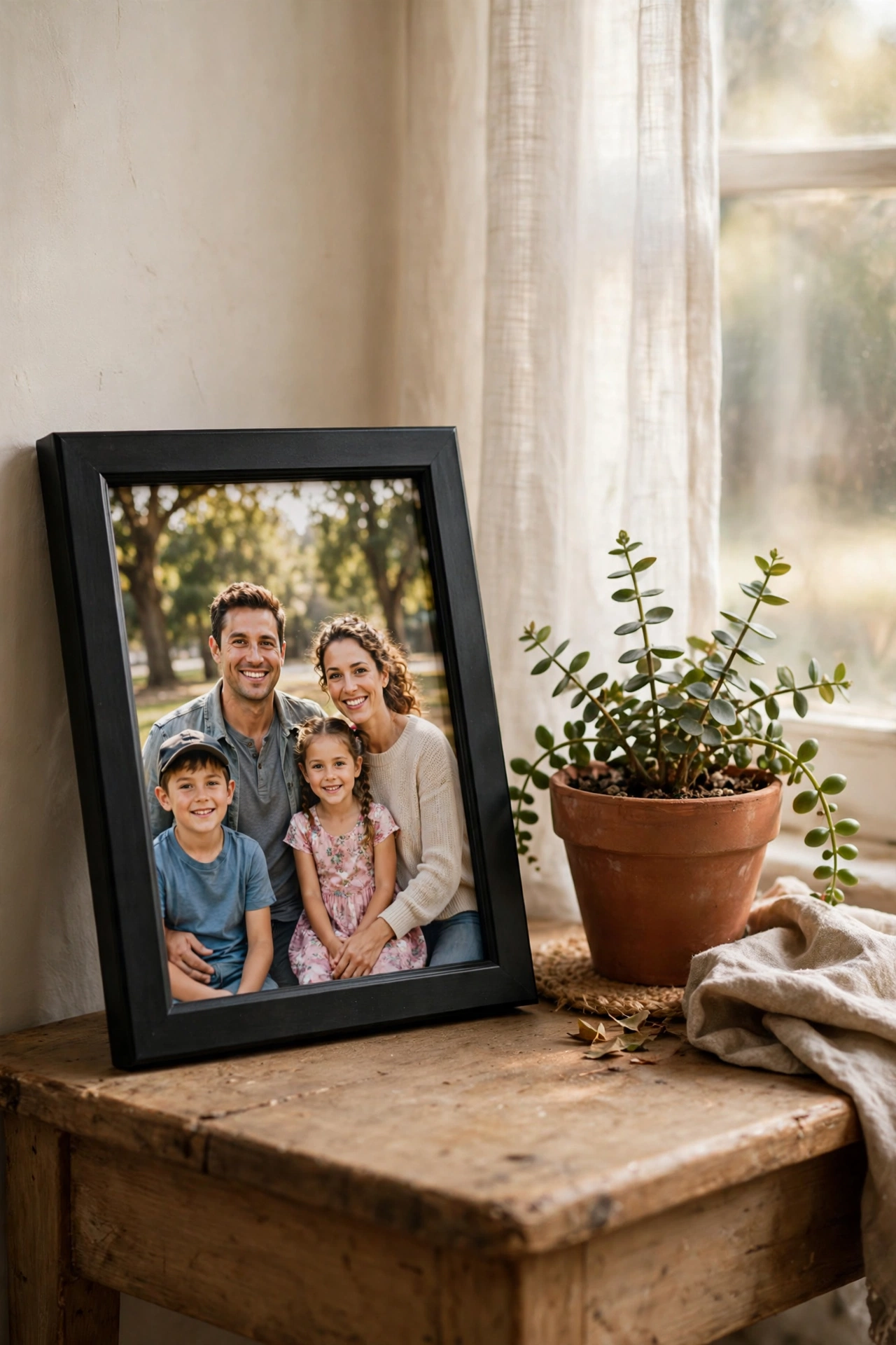 Dollar store frame with printed family photo and handwritten note