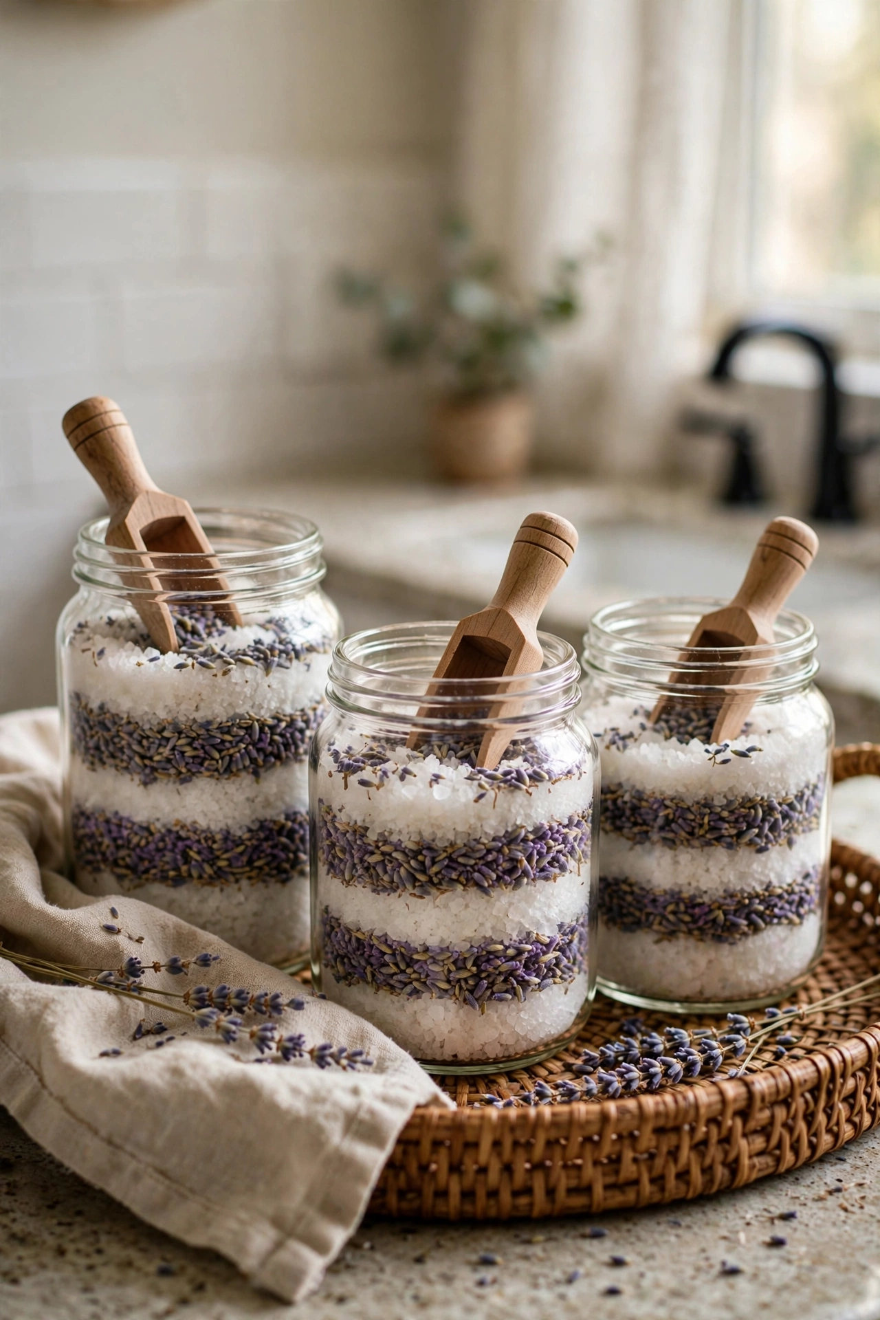 Glass jars of homemade lavender bath salts with wooden scoops