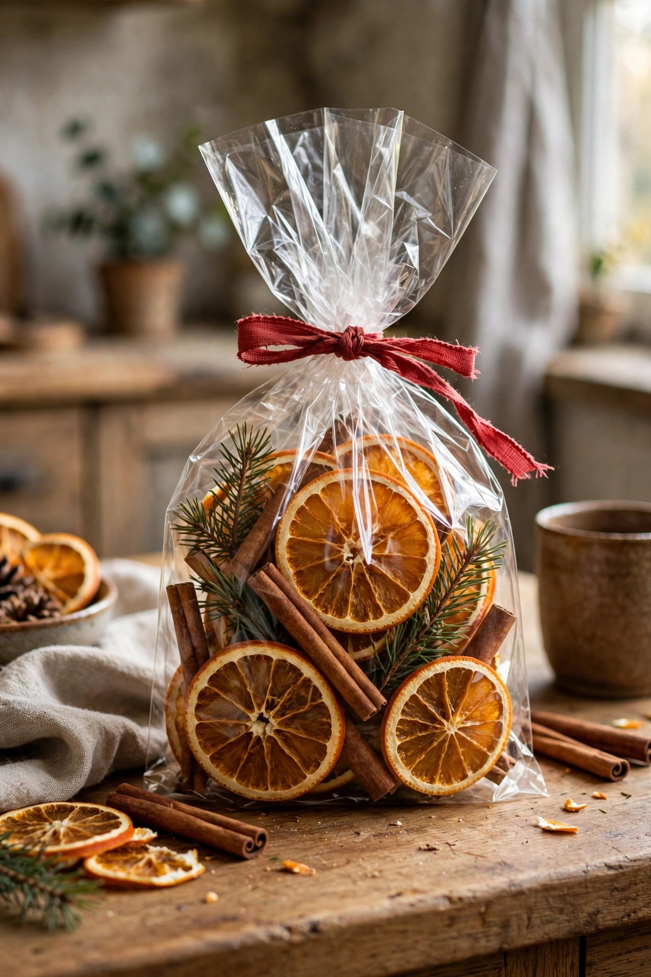 Cellophane bag of simmer pot kit with dried oranges and cinnamon