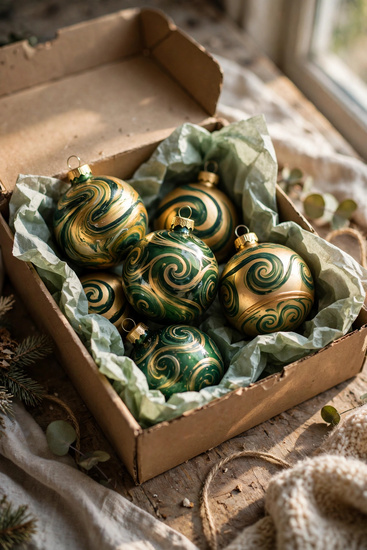 Box of hand-painted swirled ornaments in gold and green