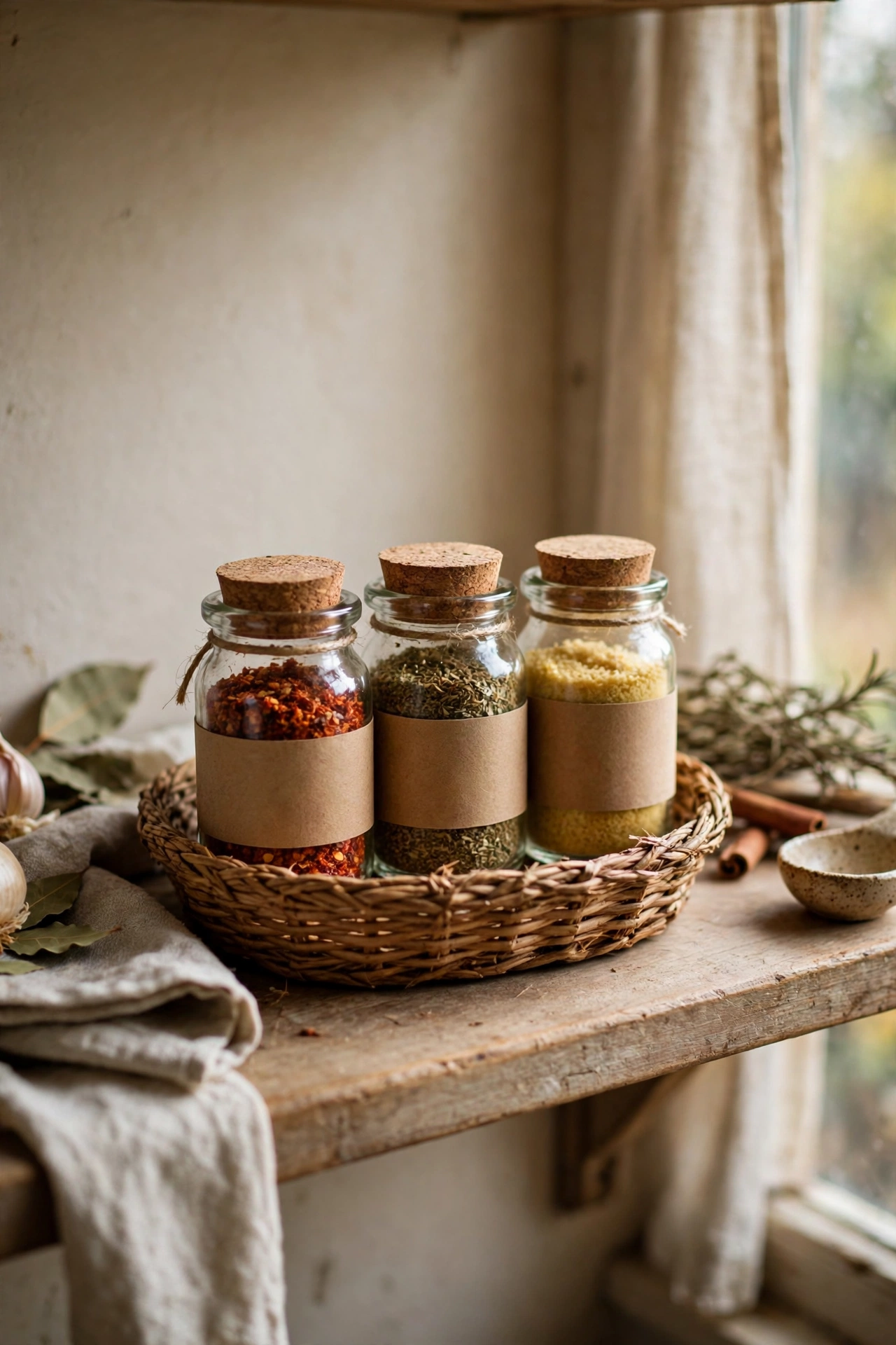 Small jars of homemade taco and Italian spice blends with labels