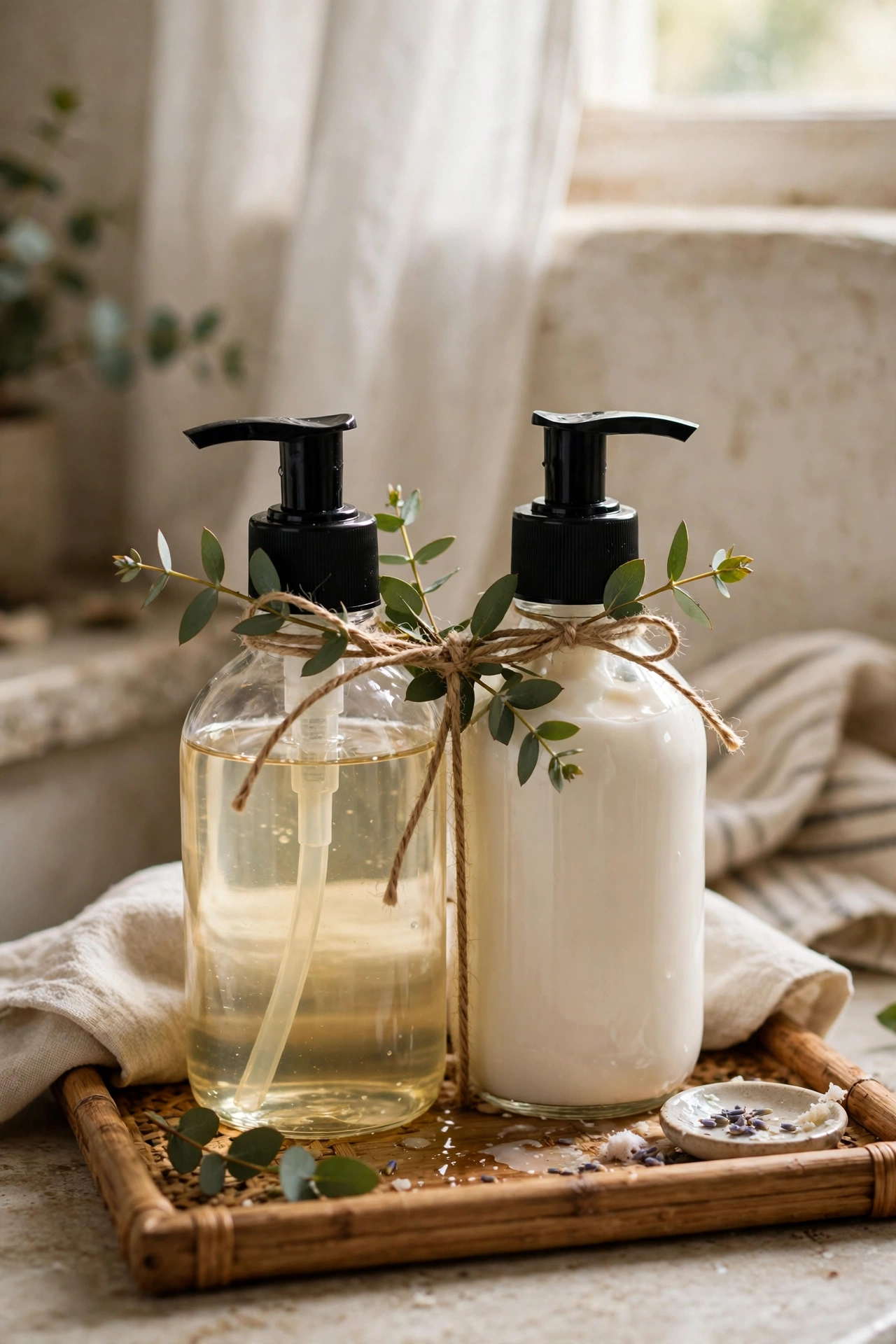 Matching glass pump bottles of hand soap and lotion tied with ribbon