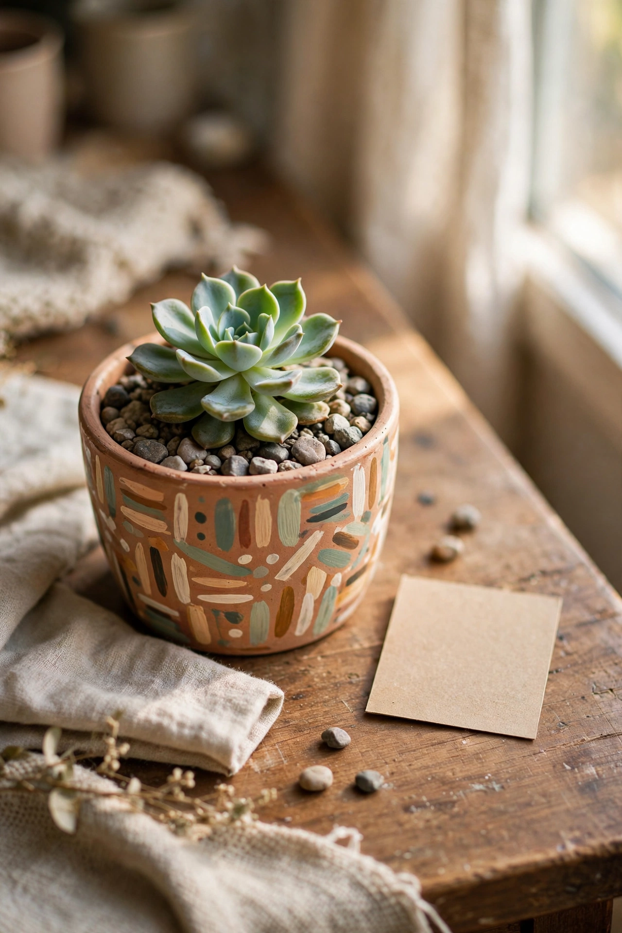 Small succulent in a painted ceramic pot with pebbles and care card