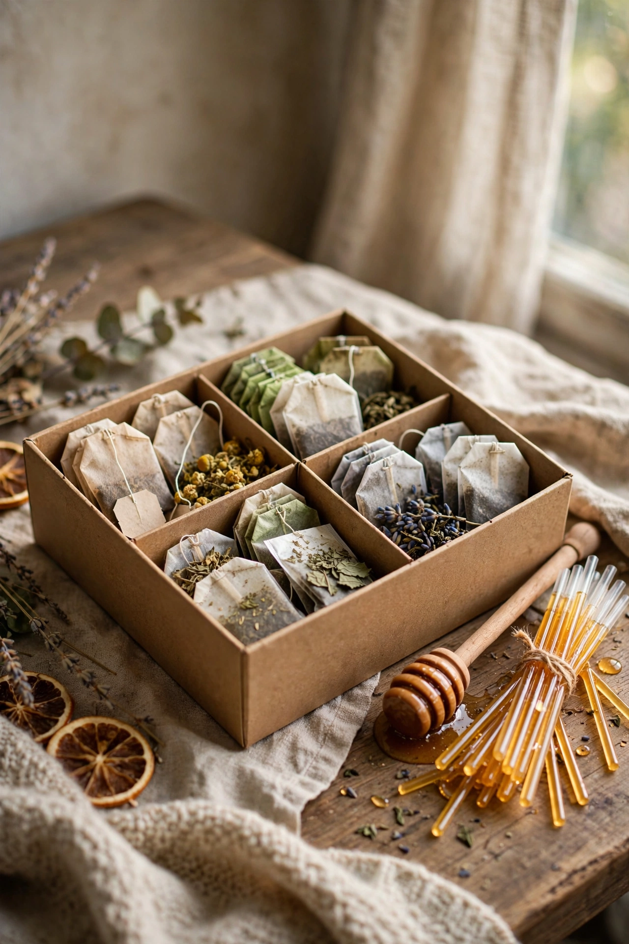 Divided gift box of assorted teas with honey dipper and honey sticks