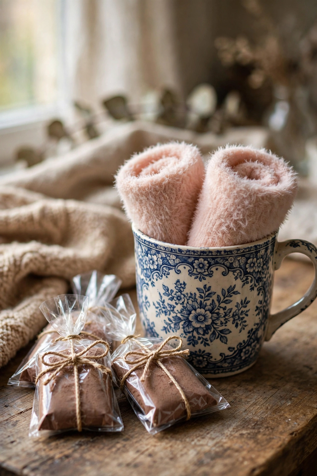Fuzzy socks rolled inside a pretty mug with cocoa packets in cellophane