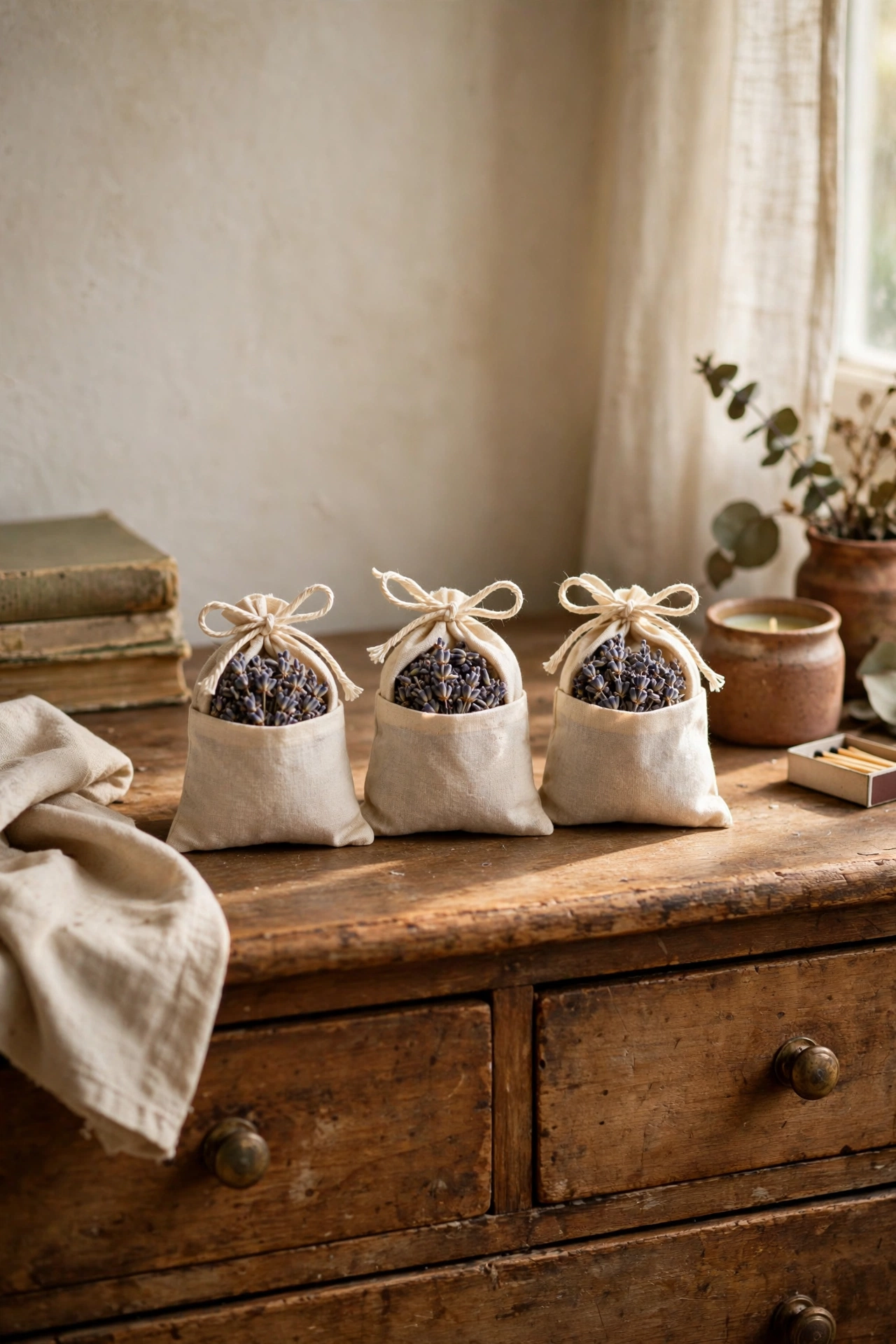Set of three fabric lavender sachets tied with ribbon
