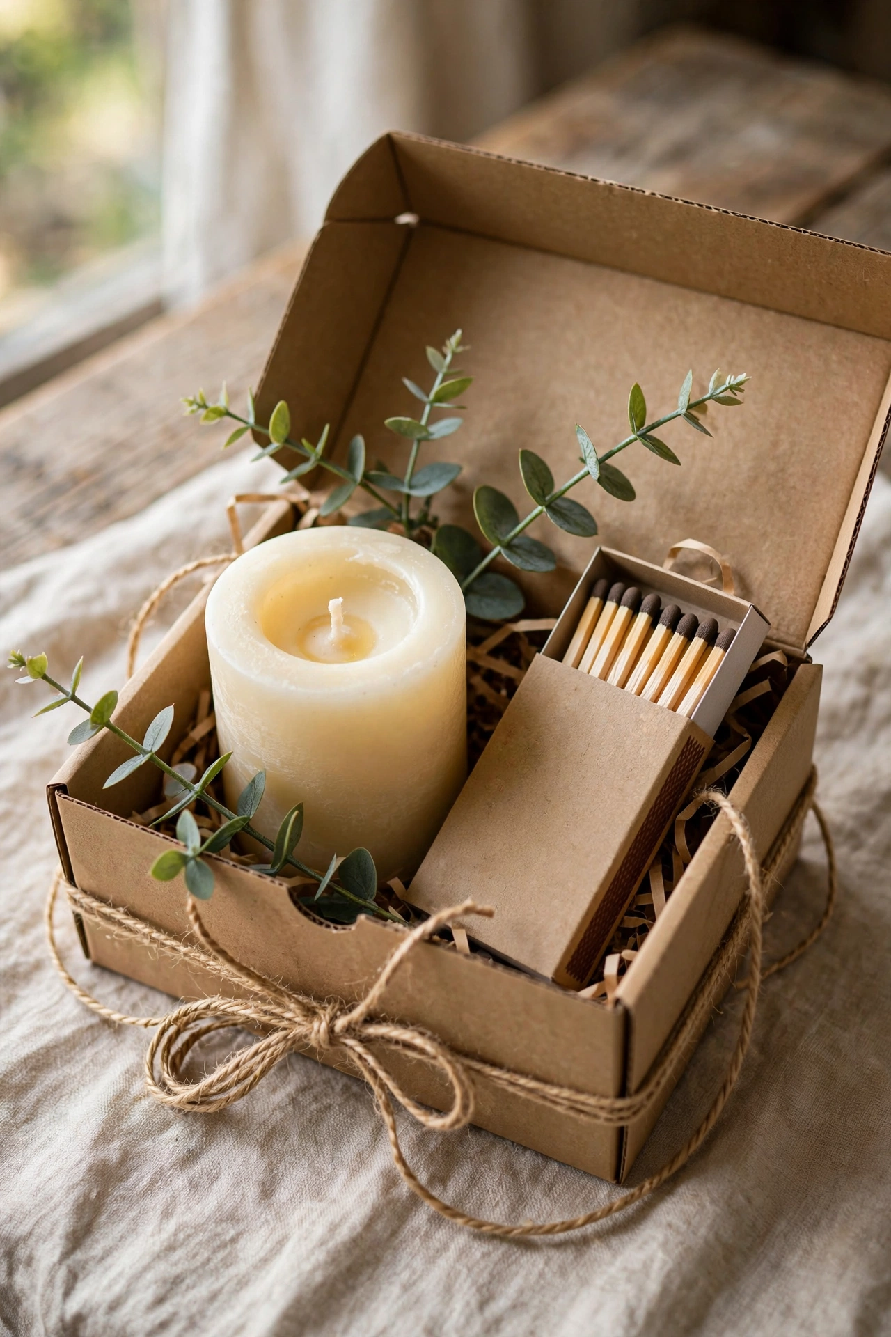 Pillar candle and long matches in a kraft gift box with greenery