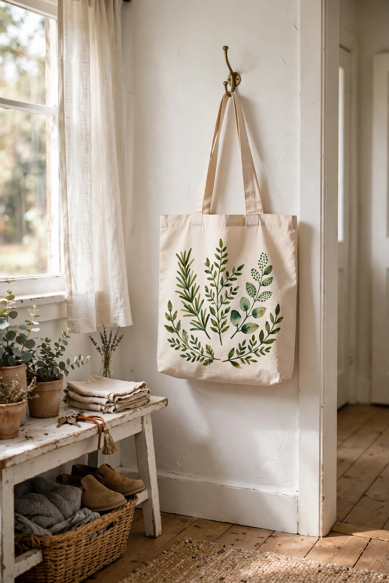 Canvas tote bag with hand-painted herb design and stencil