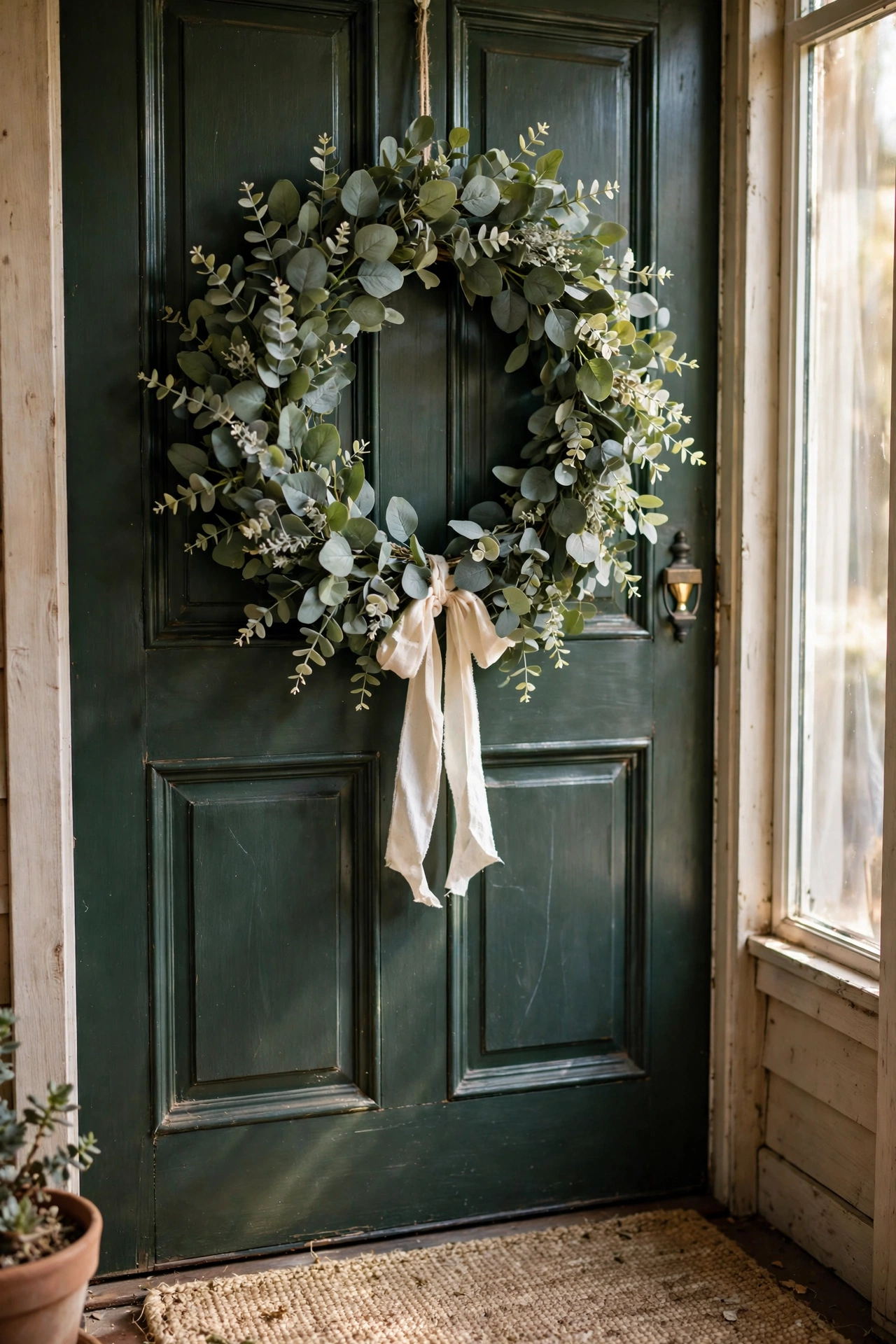 Faux eucalyptus wreath with ribbon hanging on a front door