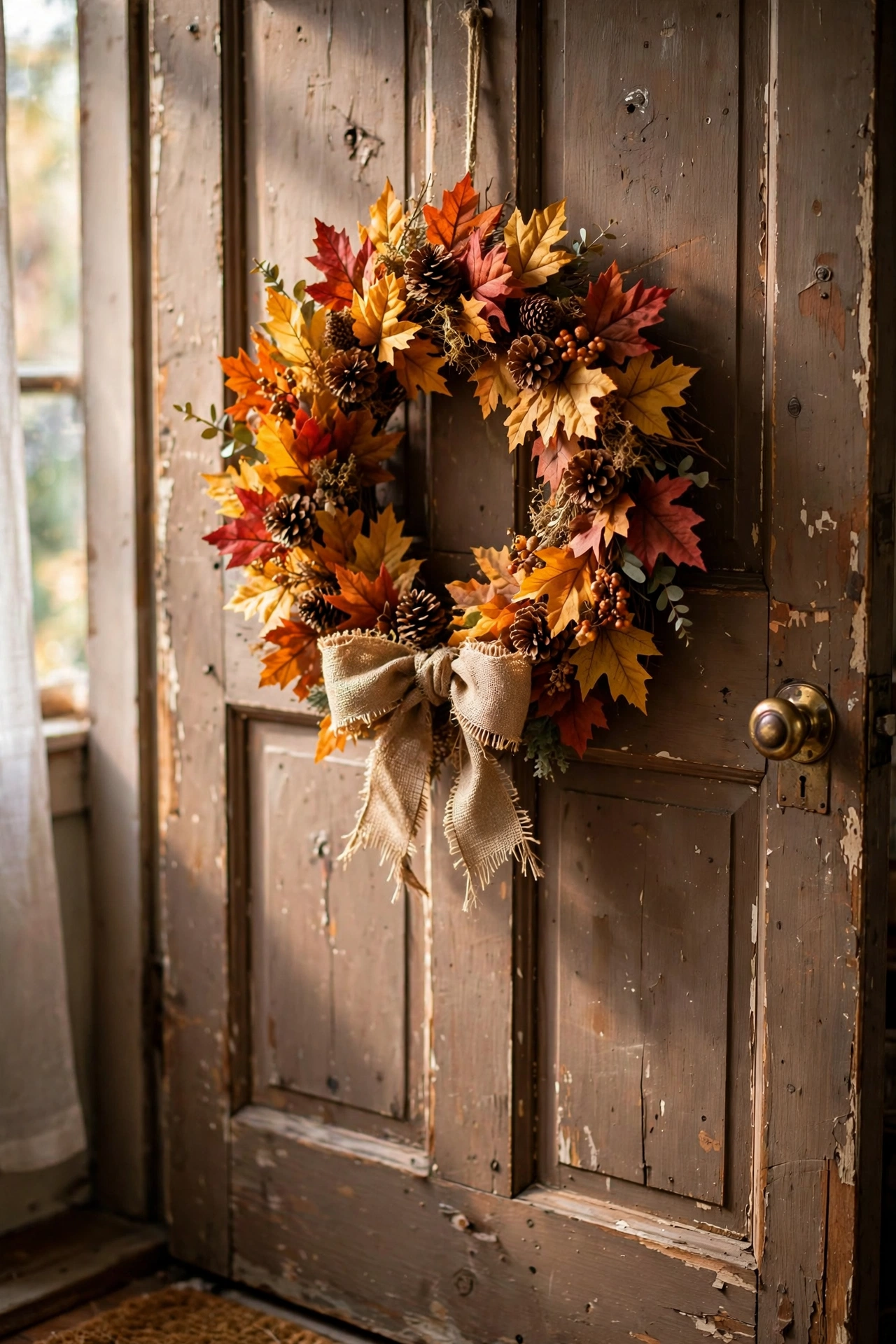 Fall leaf wreath with pinecones and burlap bow on a door