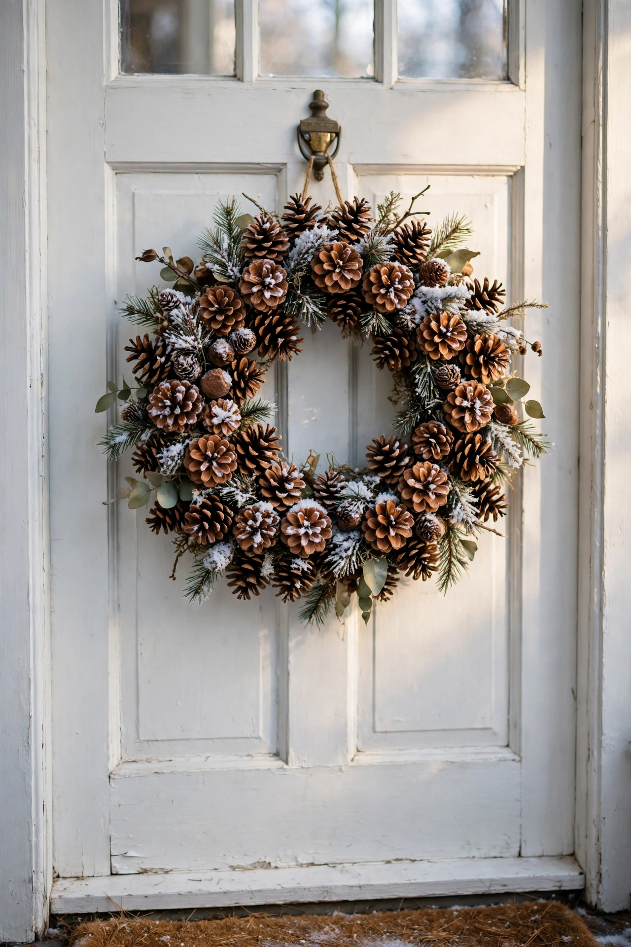 Dense pinecone wreath with light fake snow on a front door