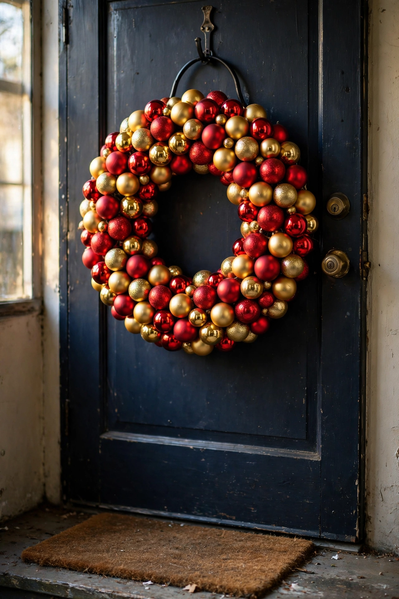 Glittering red and gold ornament wreath on a Christmas door