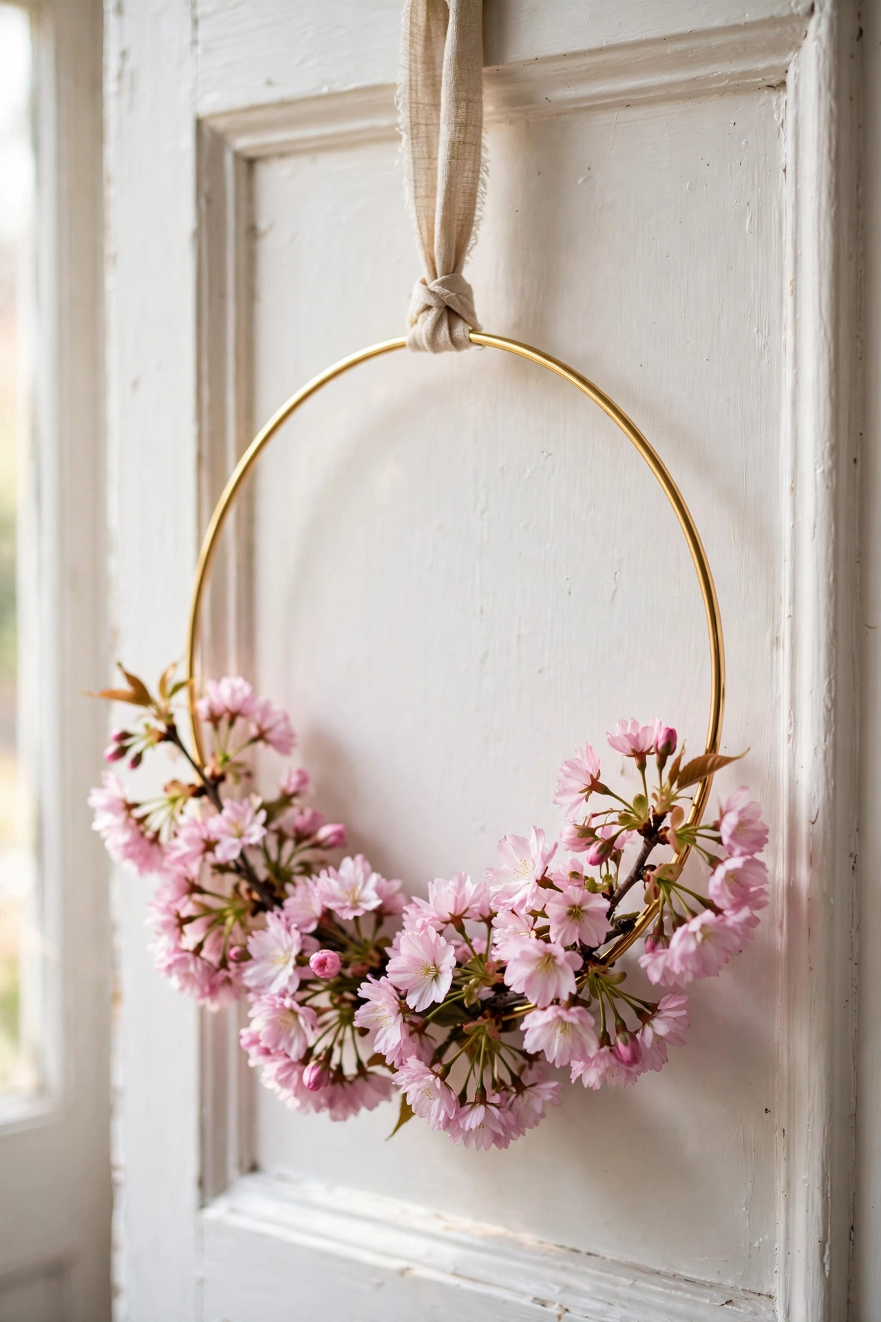 Gold hoop wreath with cherry blossoms clustered on one side